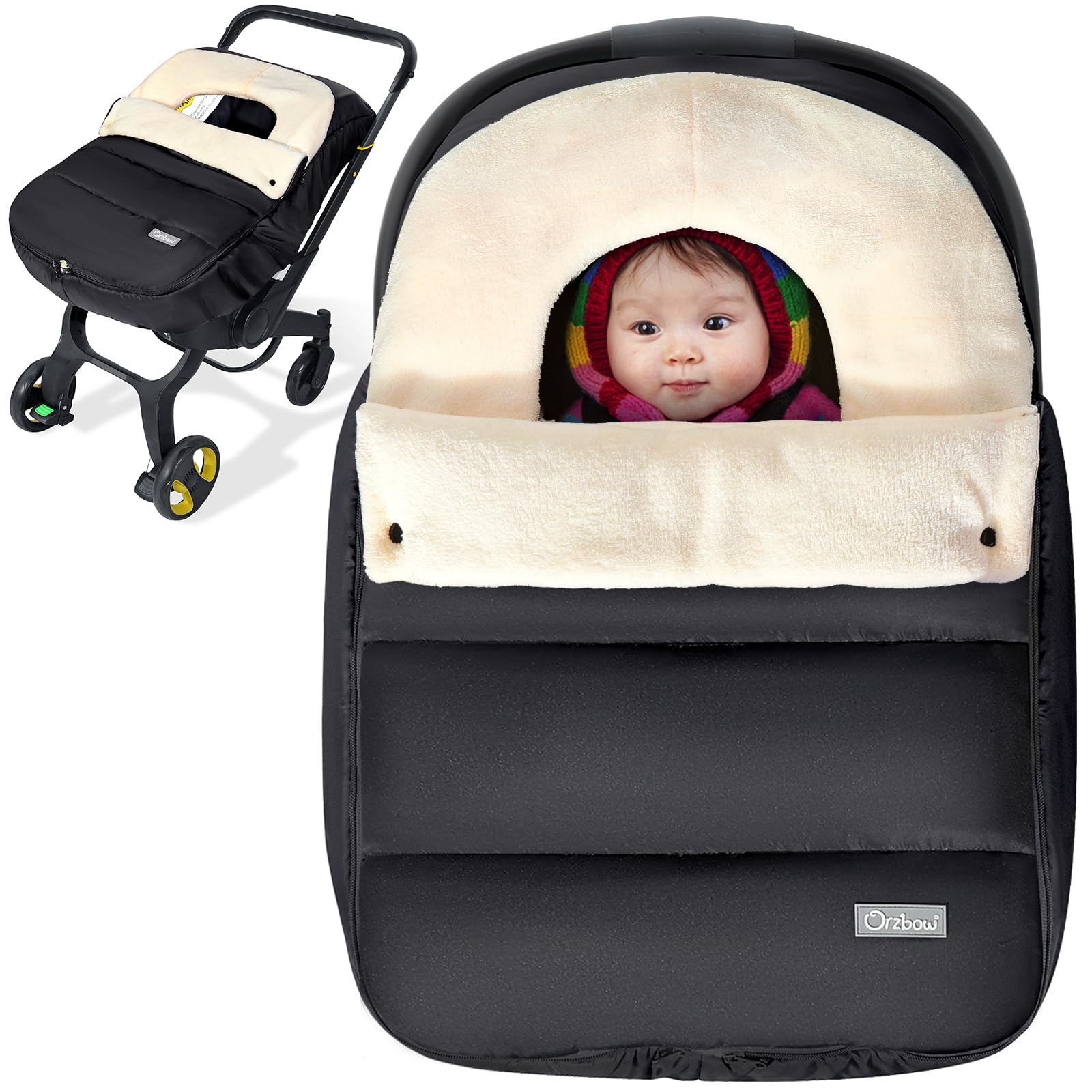 Orzbow car seat cover in winter coral fleece keeps baby warm during rides.