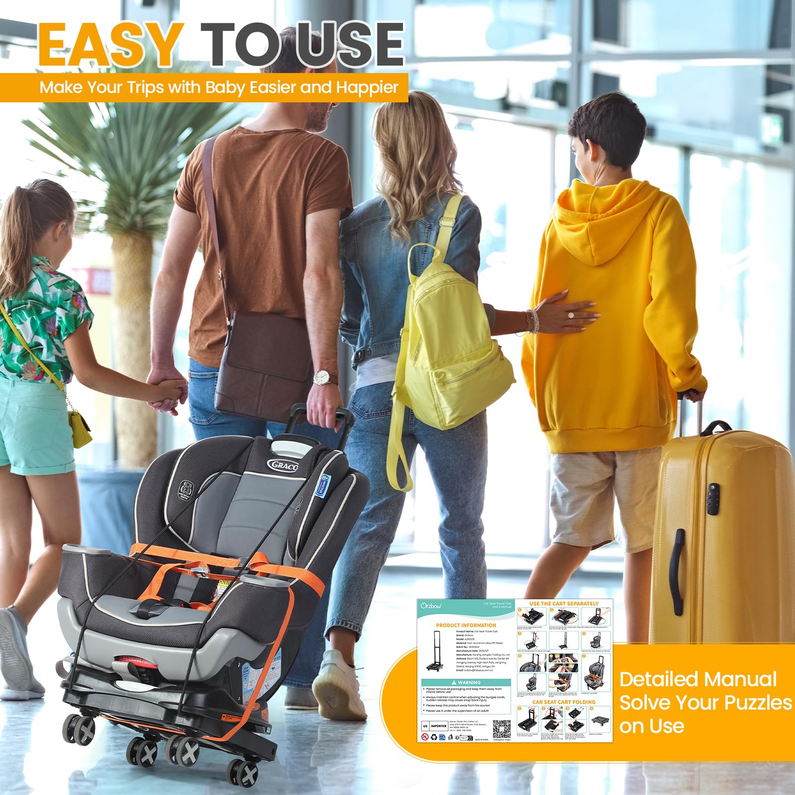 Orzbow car seat dolly-load-capacity demonstrates handling luggage and baby seats up to 110 lbs