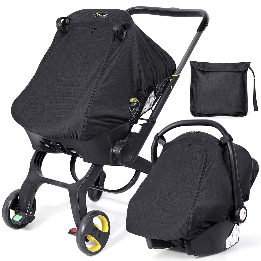 Orzbow car seat sun shade cover front view in black offers UPF50+ protection with breathable mesh.