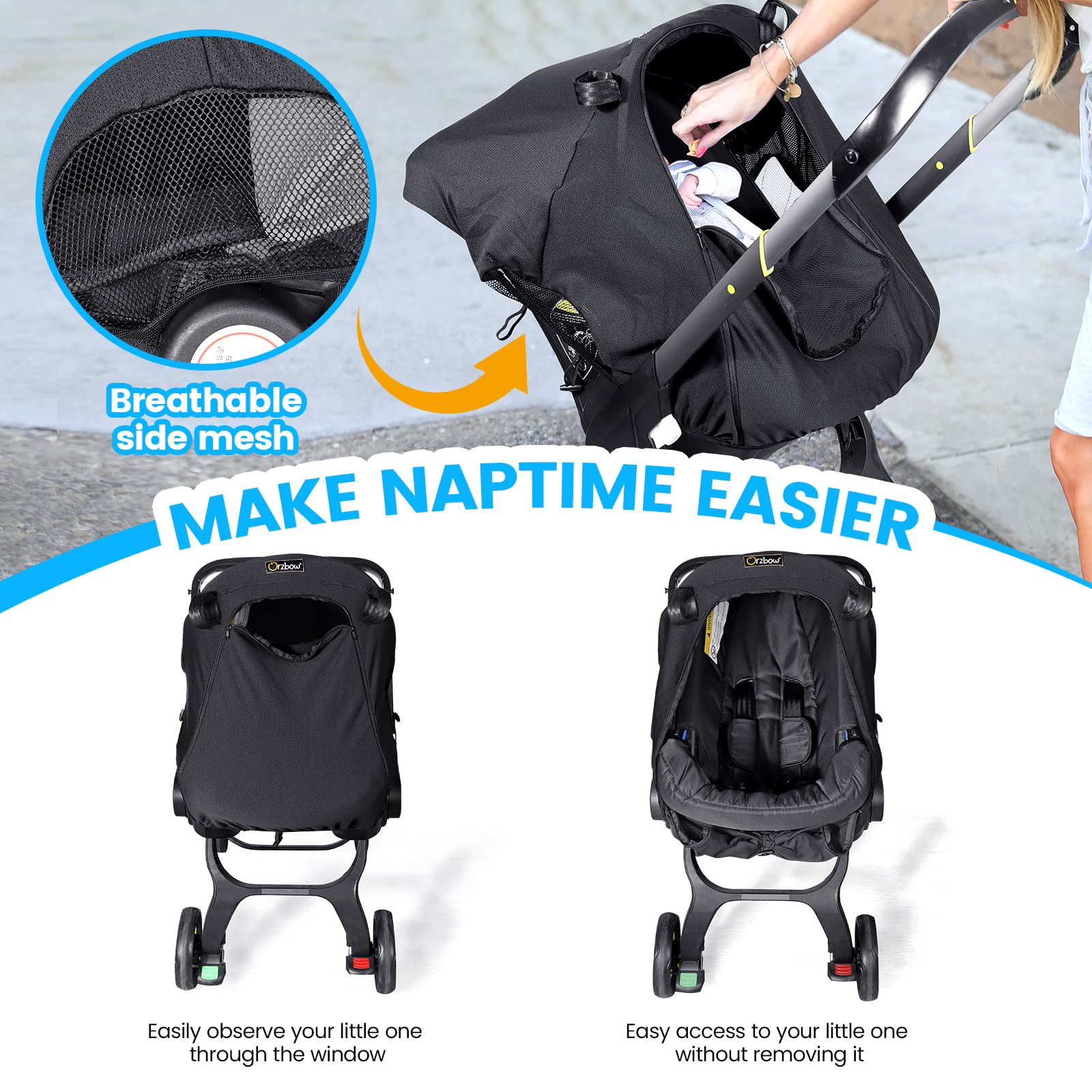 Orzbow car seat sun shade cover mesh detail highlights see-through airflow for baby.