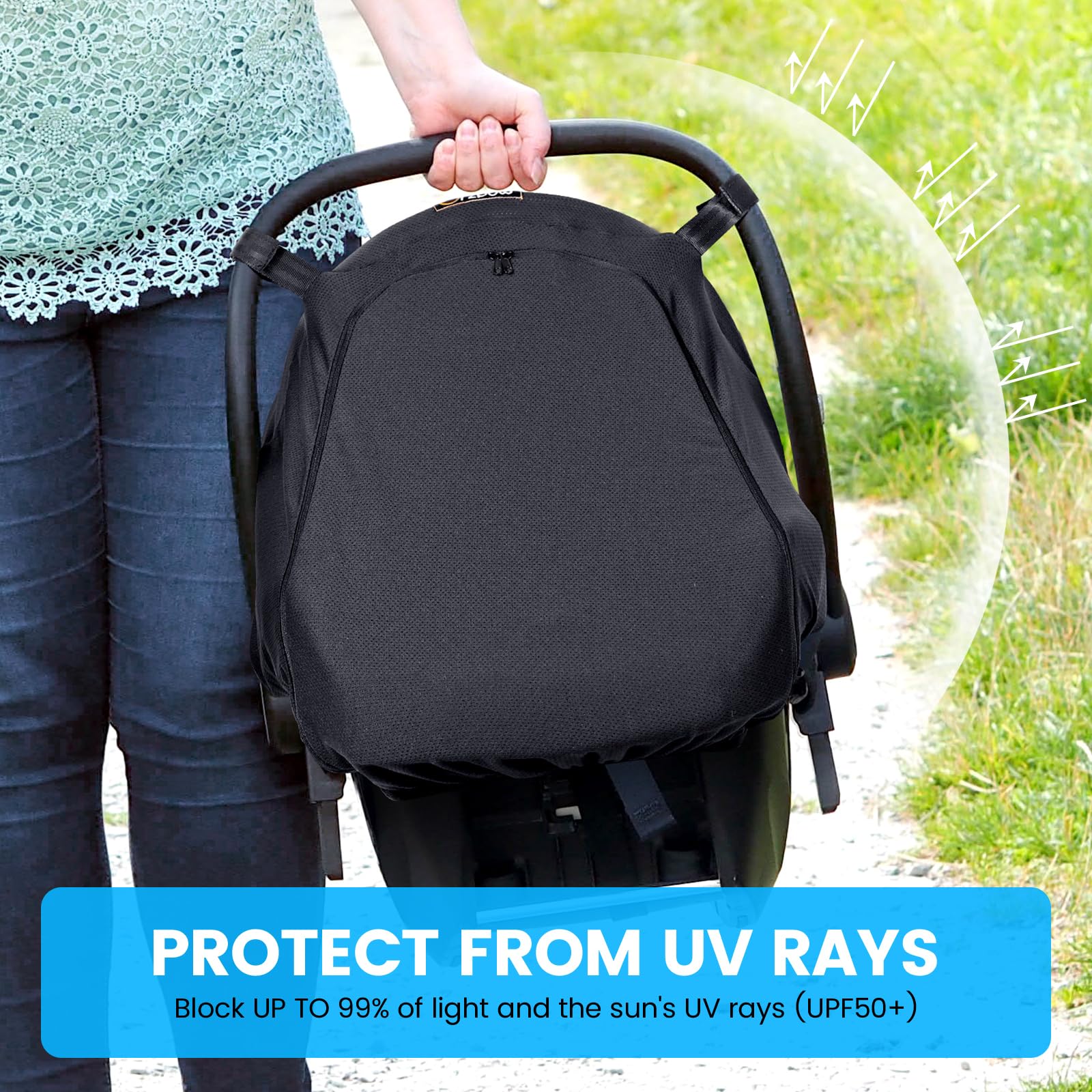 Orzbow car seat sun shade cover viewing window open shows easy access while maintaining shade.