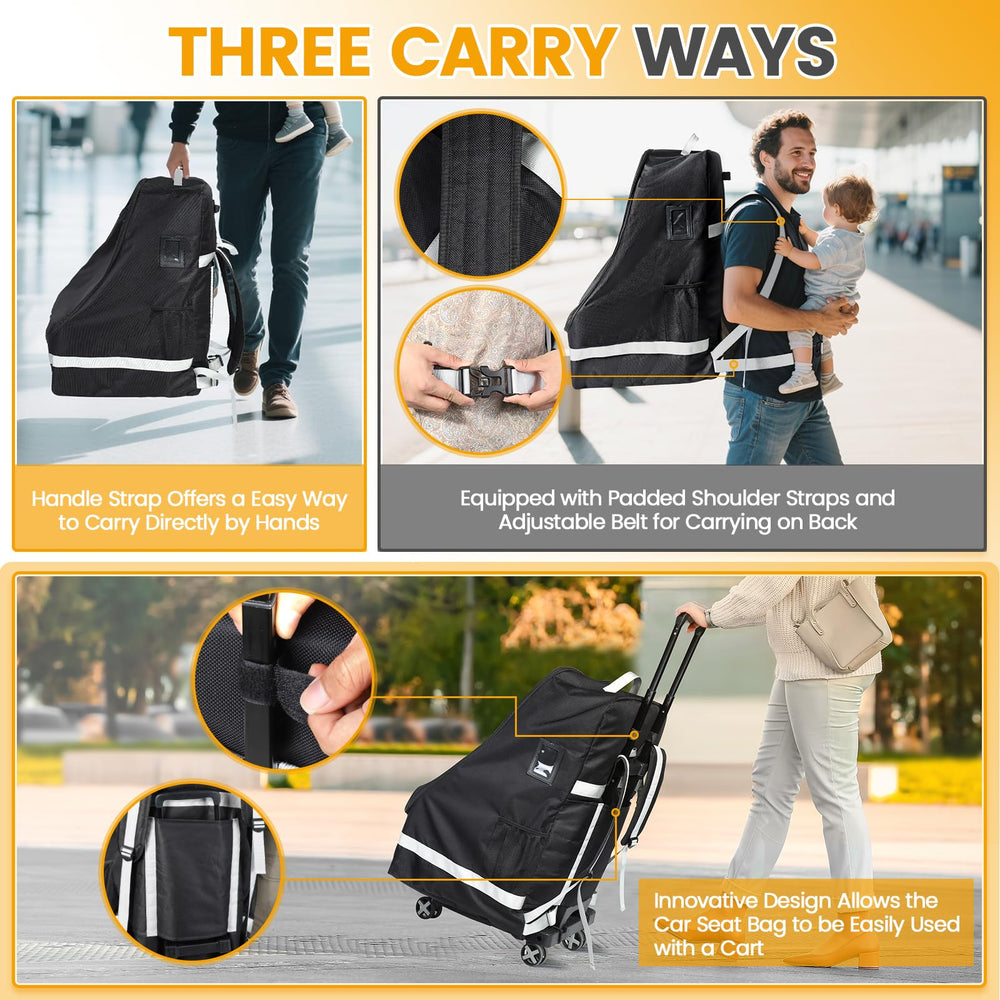 Orzbow car seat travel bag interior with fixed harness supports secure seating during travel.