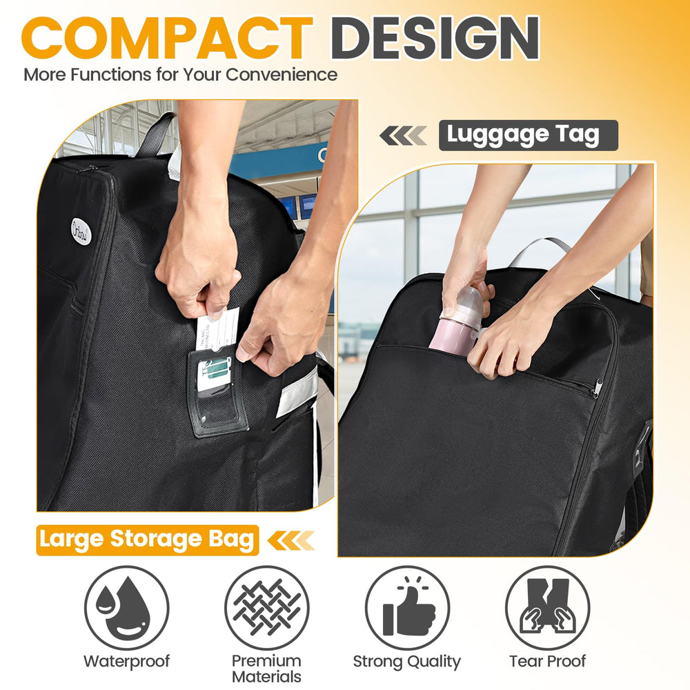 Orzbow car seat travel bag storage compartment opened to reveal nappies and toys.