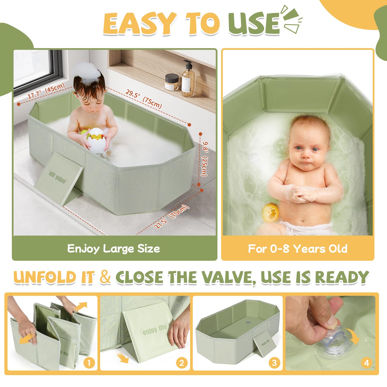 Orzbow collapsible baby bathtub drain shows easy water release and cleanup.