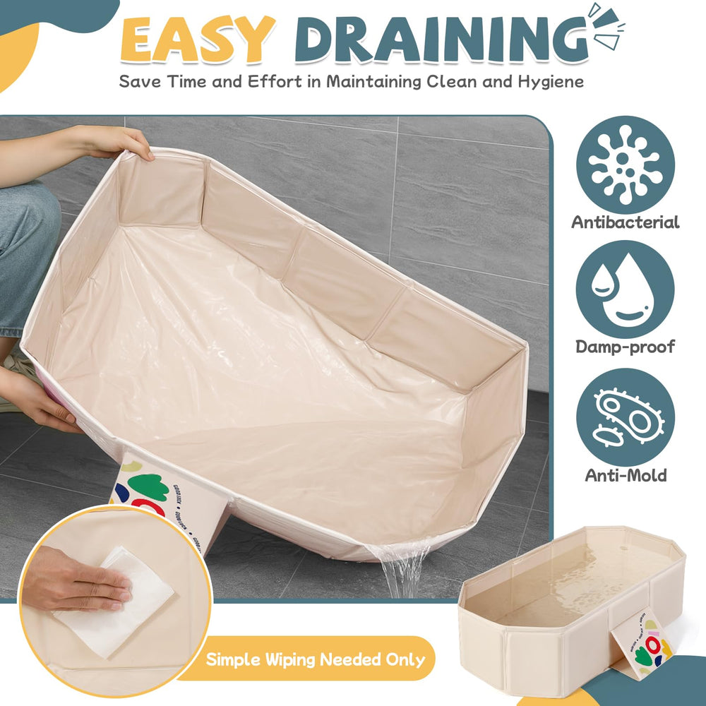 Orzbow collapsible baby bathtub showing drainage tilt for quick cleanup