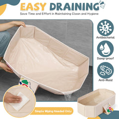 Orzbow collapsible baby bathtub showing drainage tilt for quick cleanup