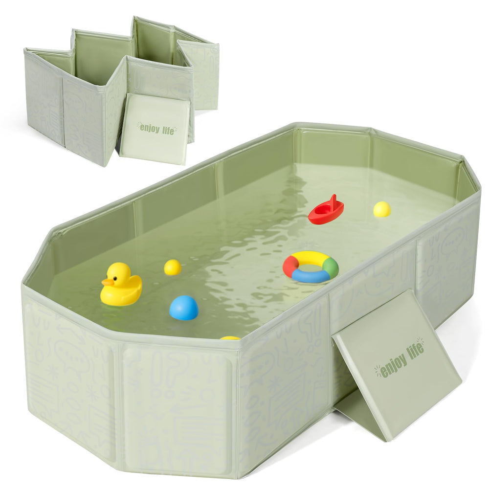 Orzbow collapsible baby bathtub folded for compact storage and travel-ready setup.