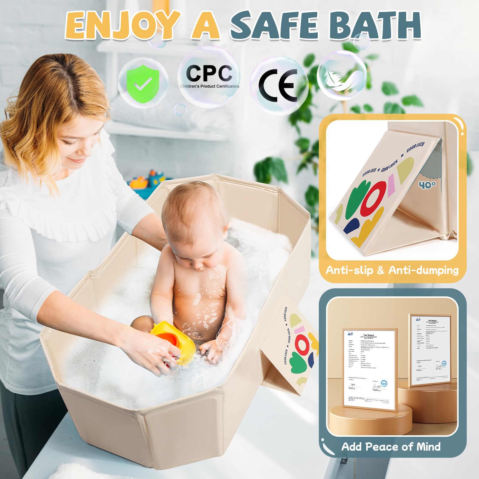 Orzbow collapsible baby bathtub made of durable PVC and wood composite panels