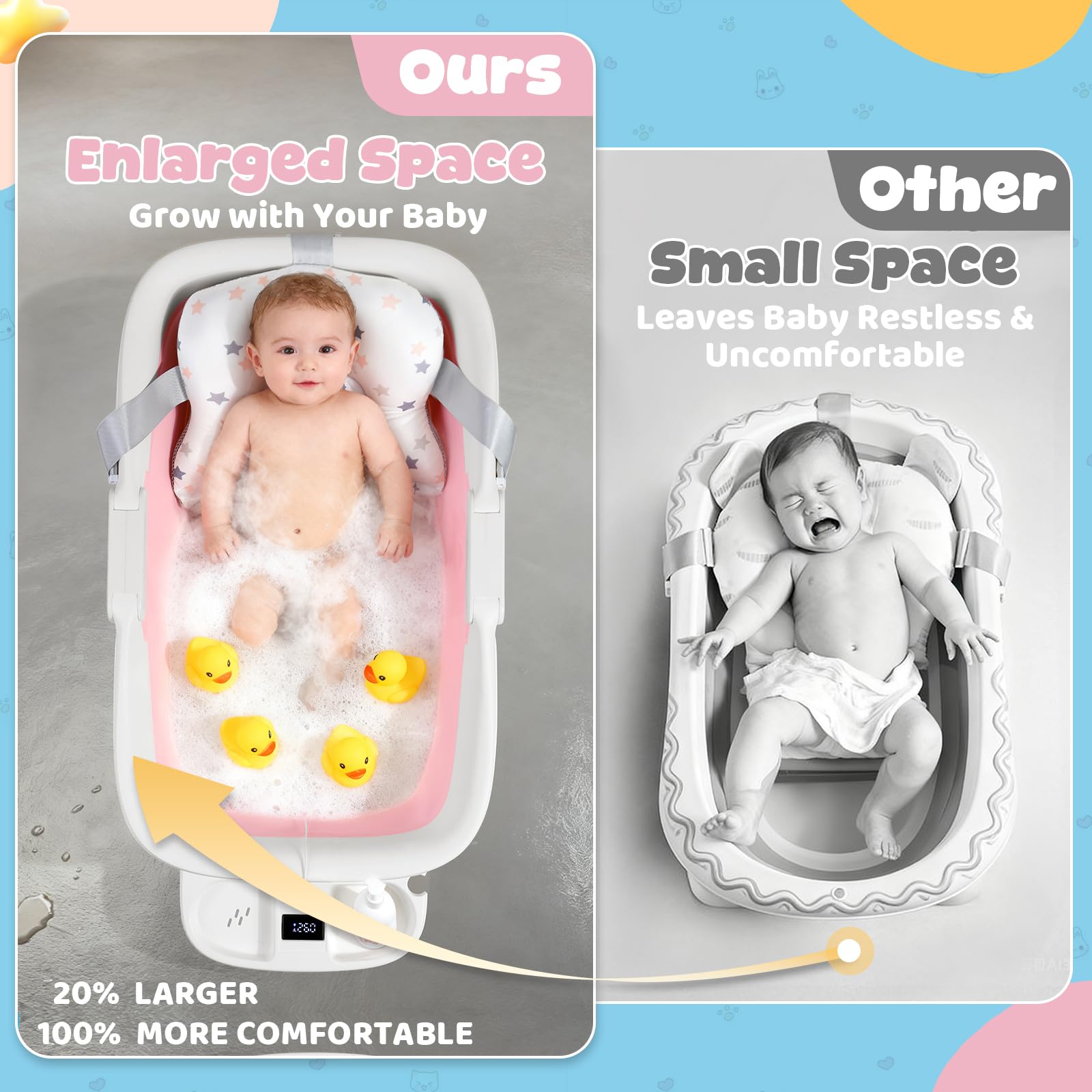 Orzbow collapsible baby bath tub visual thermometer for safe bathing.
