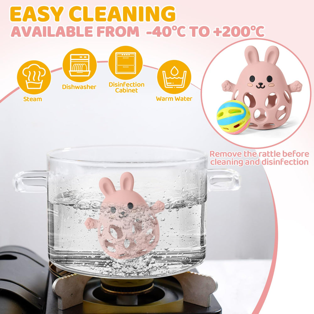 Orzbow pink teething toy dishwasher-safe for quick cleaning.