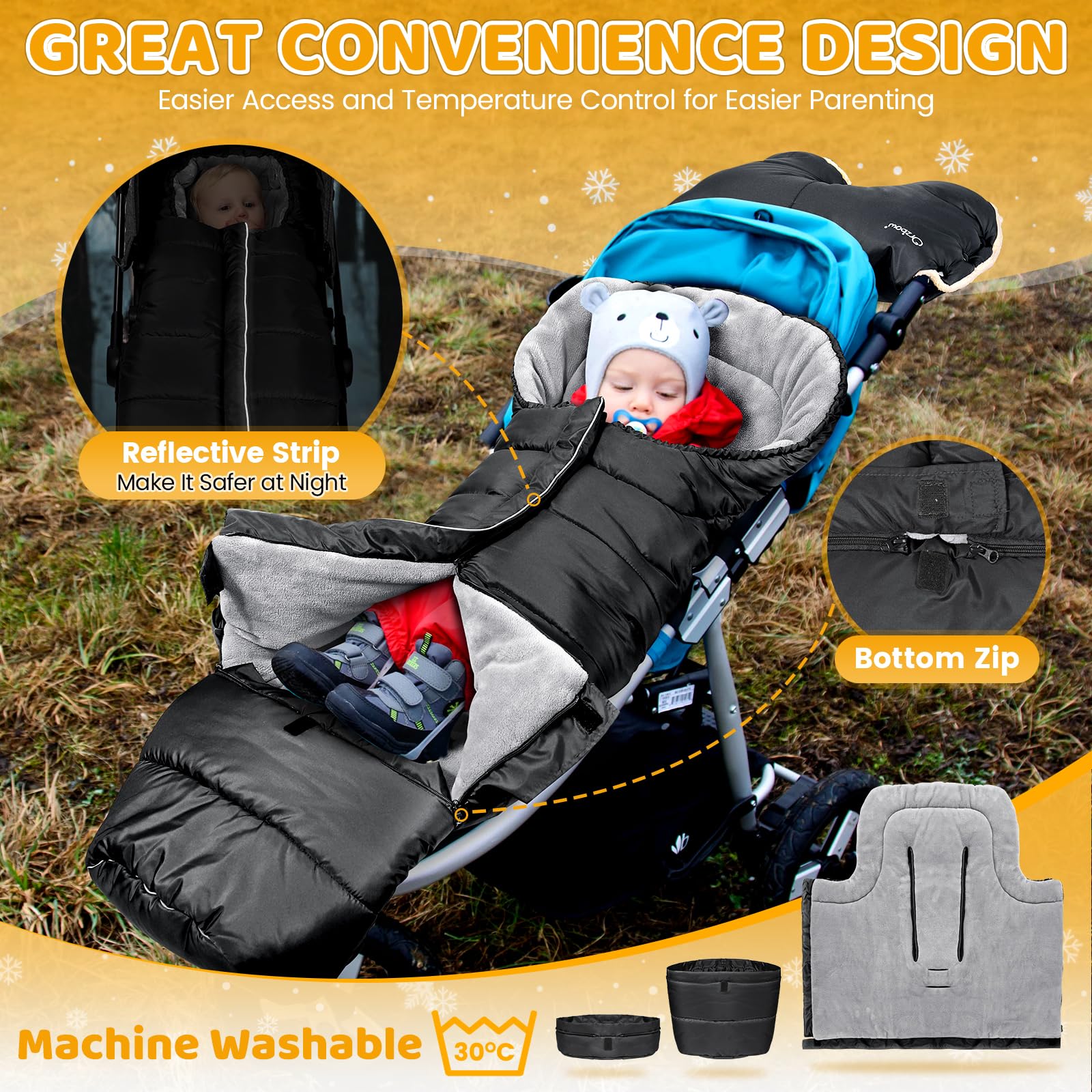 Orzbow dual-zipper bottom opening enables quick diaper changes.