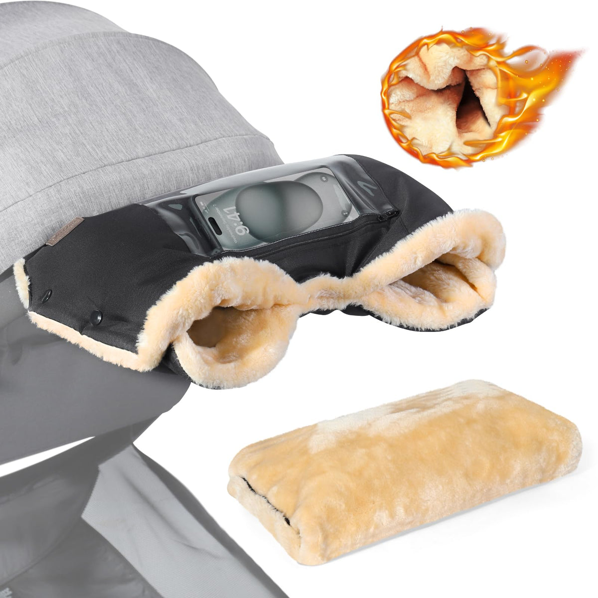 Orzbow faux sheepskin gloves stroller-muffs on handle provide secure warmth.