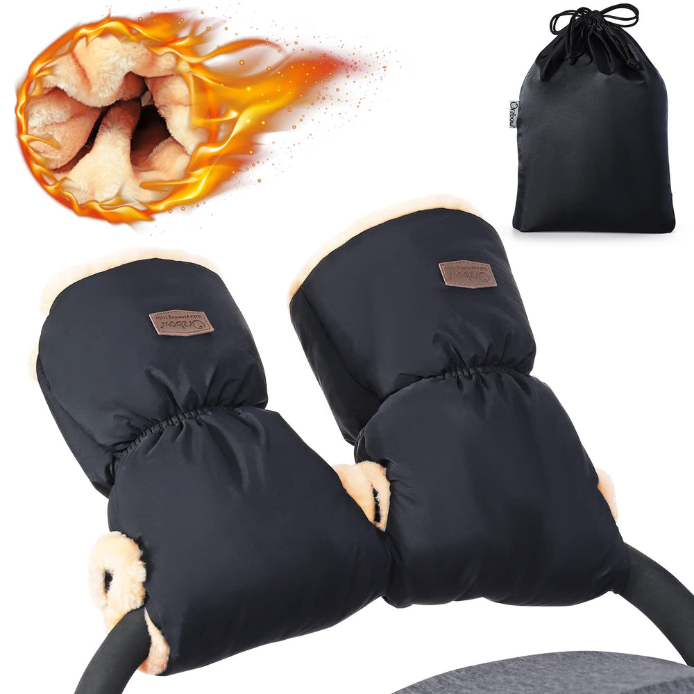 Orzbow faux sheepskin stroller gloves on a handlebar deliver ultra warmth for winter walks.