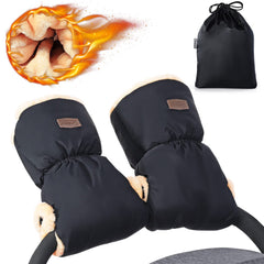 Orzbow faux sheepskin stroller gloves on a handlebar deliver ultra warmth for winter walks.