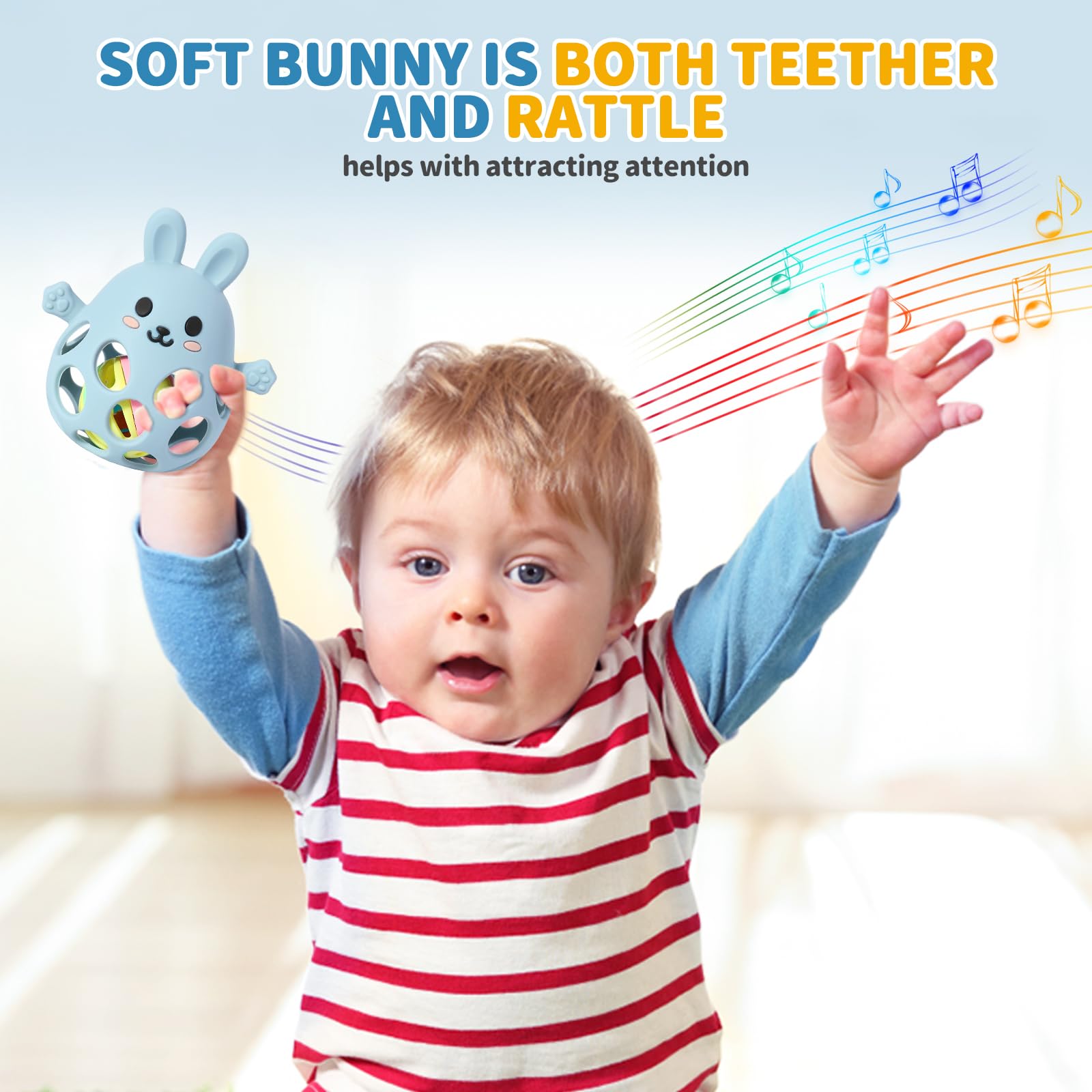 Orzbow food-grade silicone teether blue highlights safe chewing material for infants.