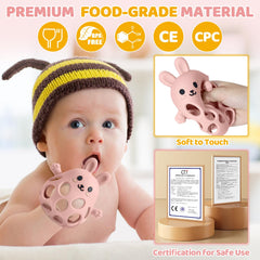Orzbow pink silicone teether; food-grade safety for chewing.