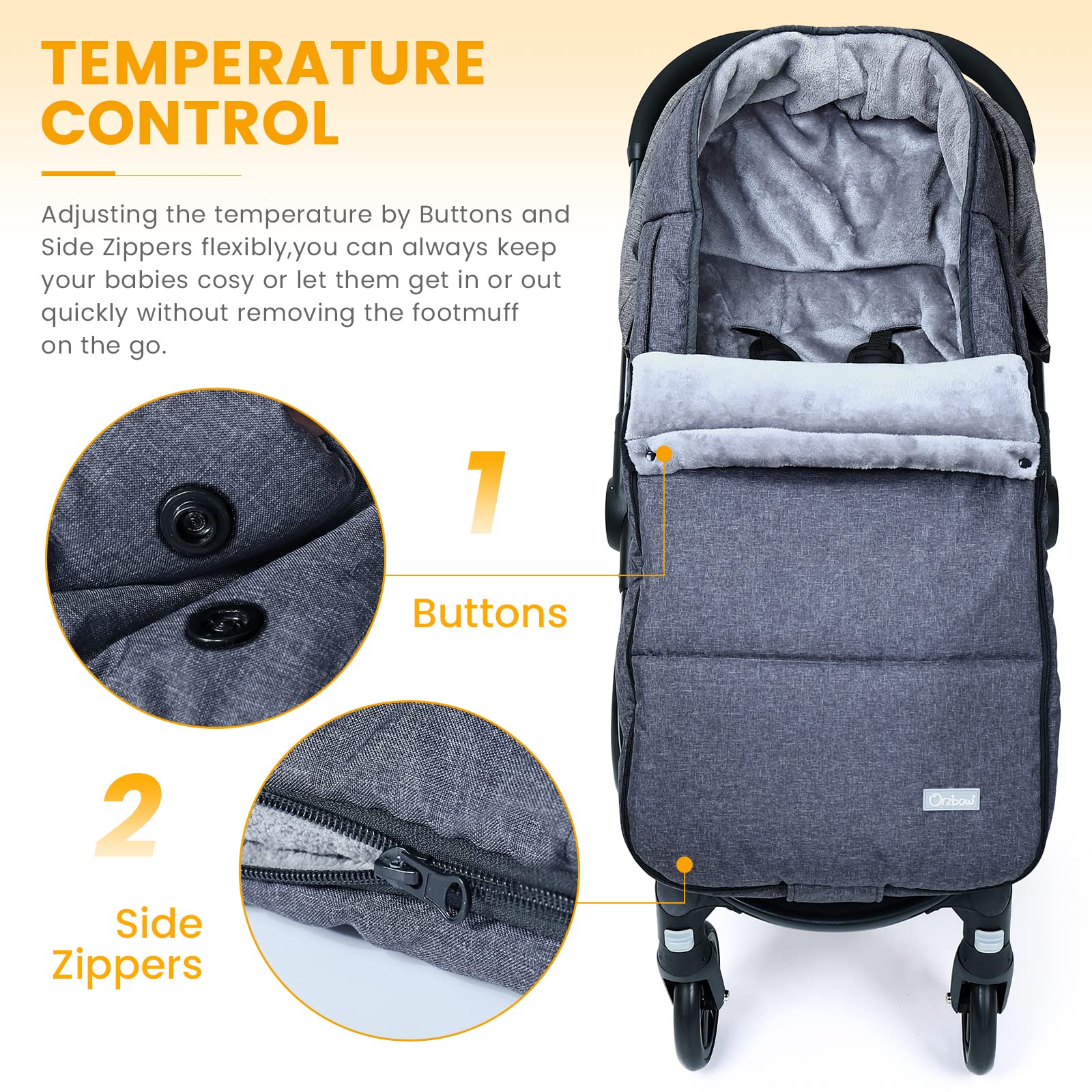 Orzbow Footmuff coral fleece lining provides plush warmth and comfort.