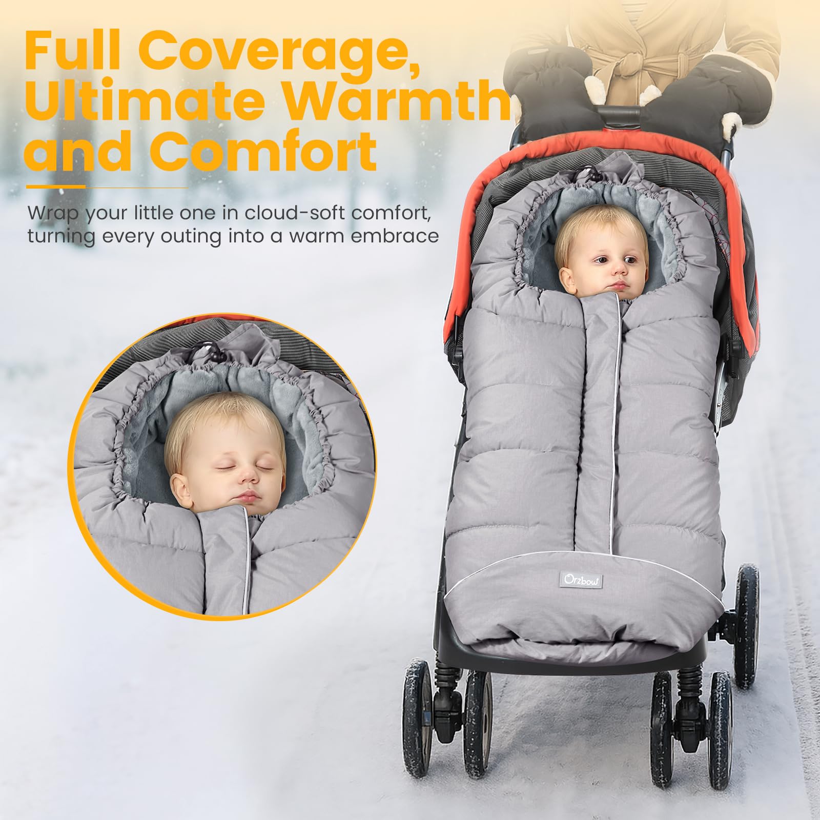 Orzbow footmuff coral fleece lining interior keeps baby cozy and warm.