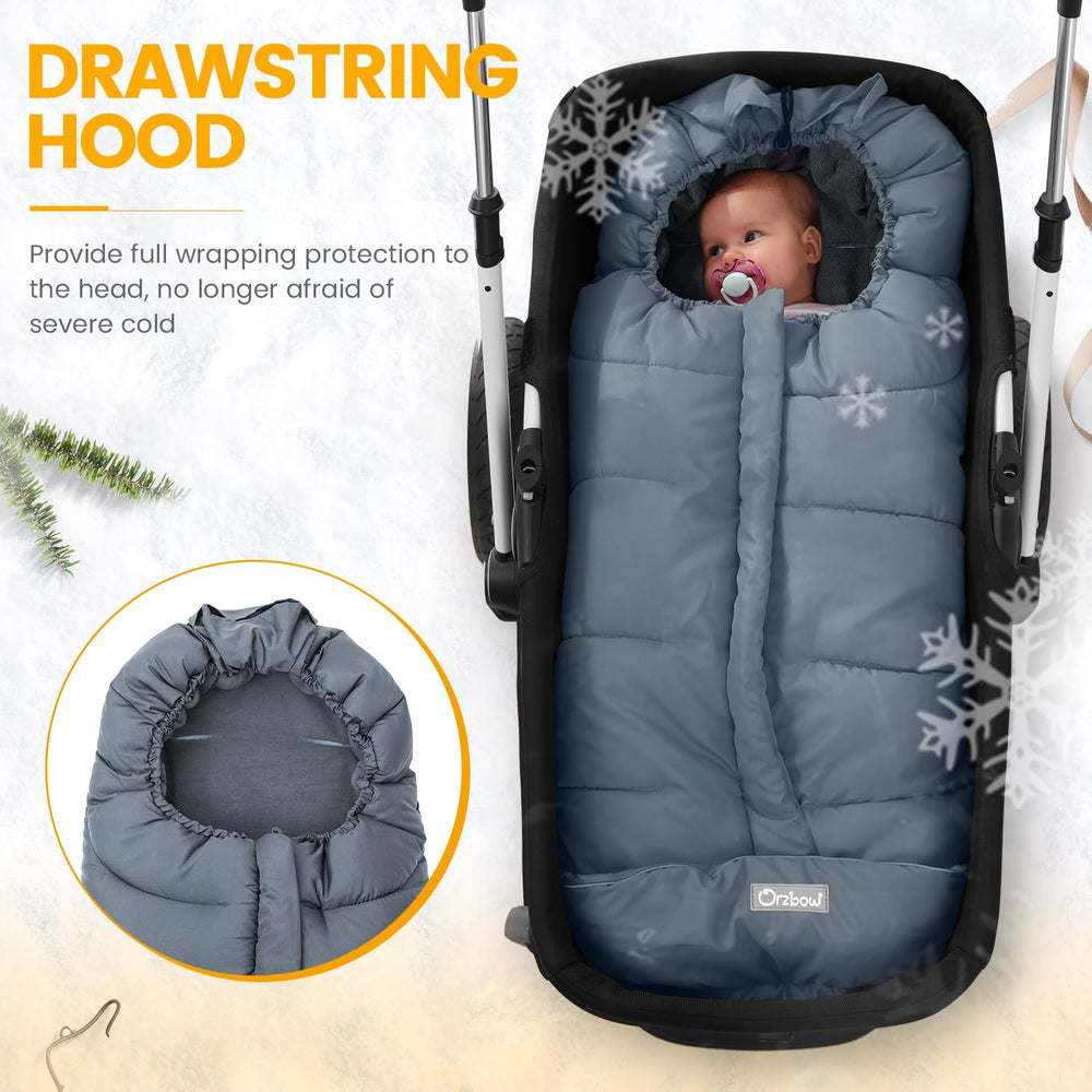 Orzbow footmuff drawstring hood closure keeps wind out during chilly strolls