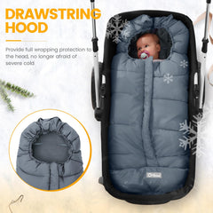 Orzbow footmuff drawstring hood closure keeps wind out during chilly strolls