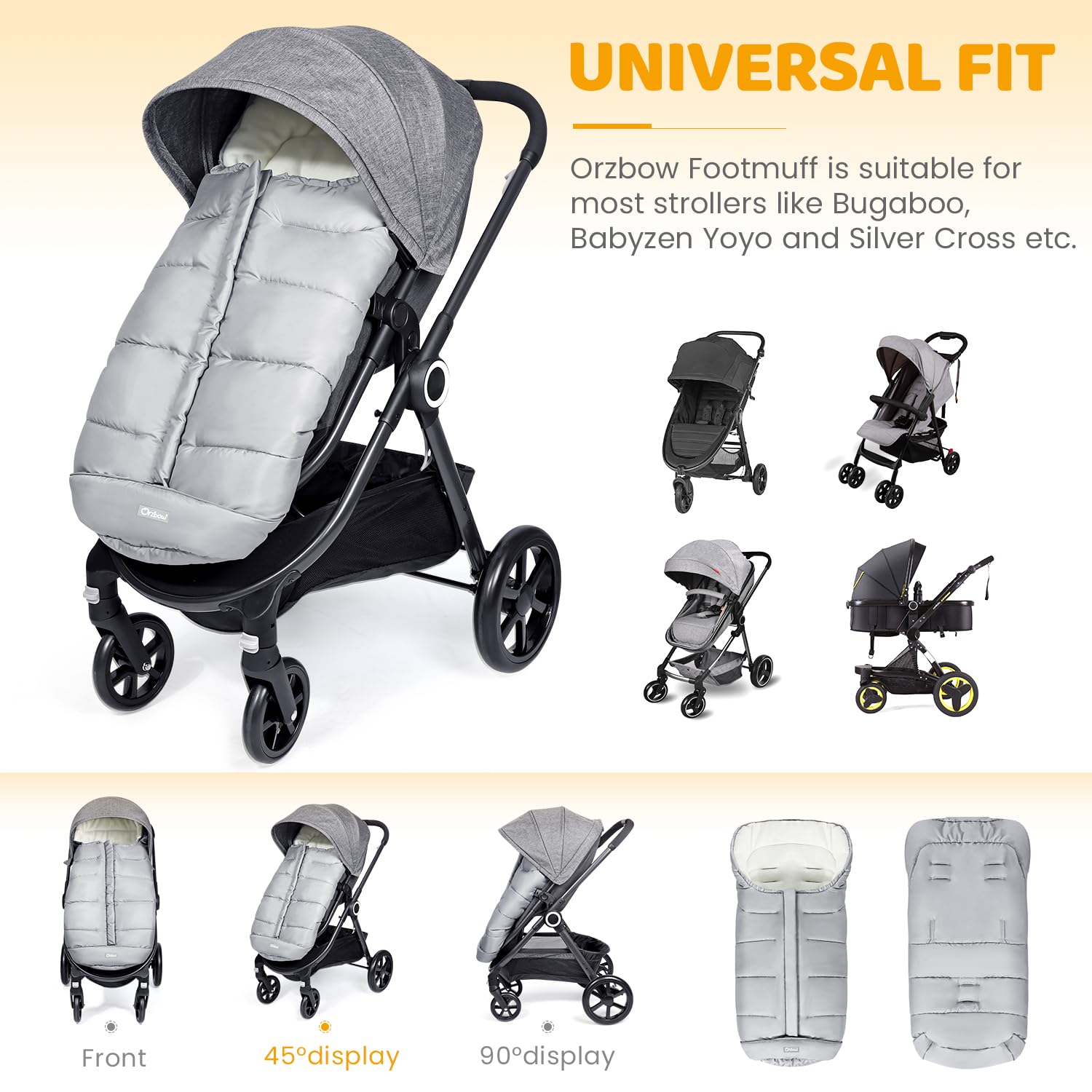 Orzbow footmuff-full-zip-coverage enables easy temperature control and diaper changes.