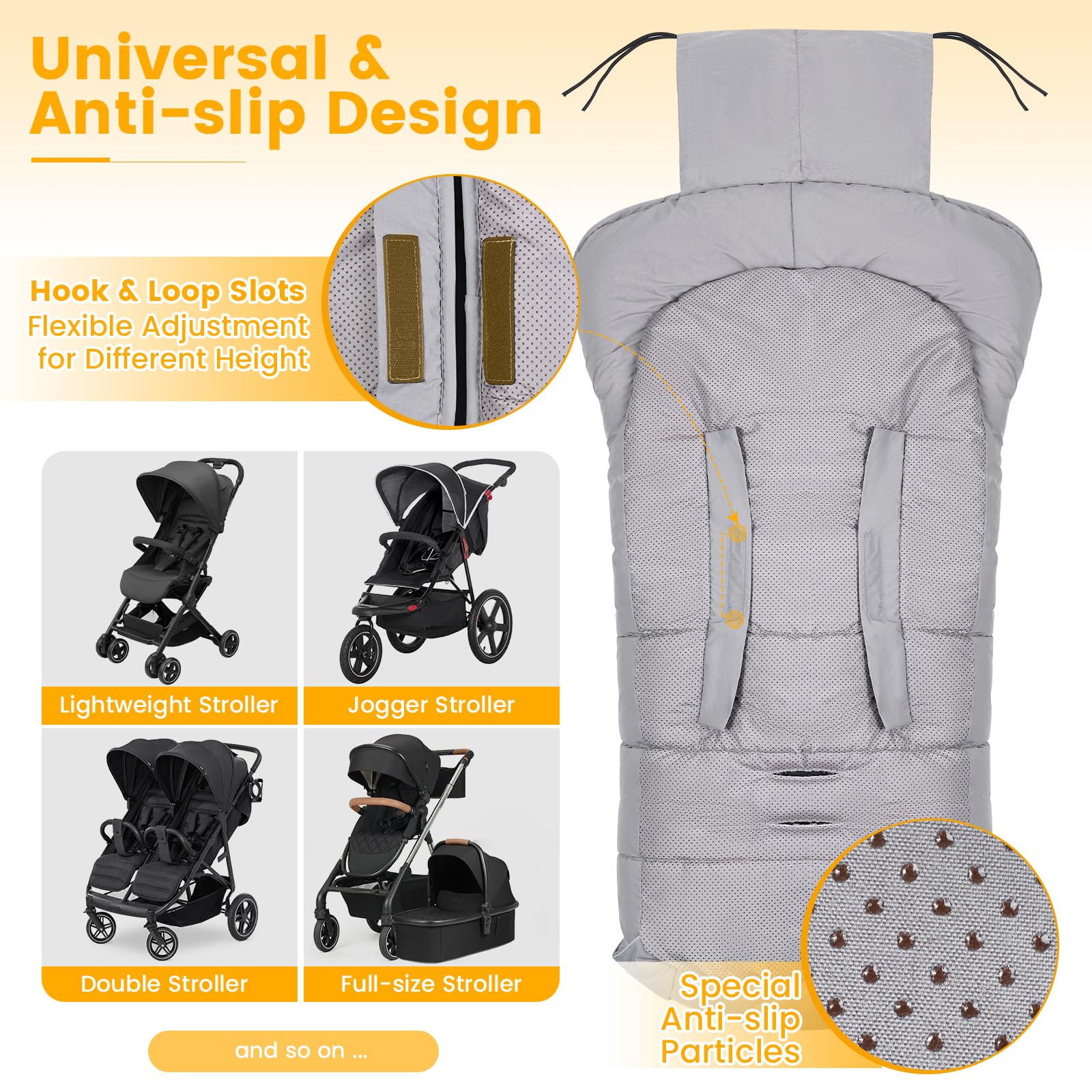Orzbow footmuff five harness slots accommodate various strollers.