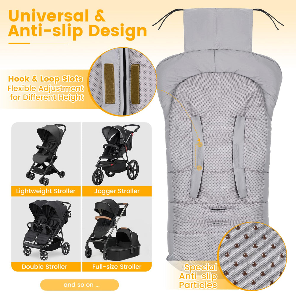 Orzbow footmuff five harness slots accommodate various strollers.