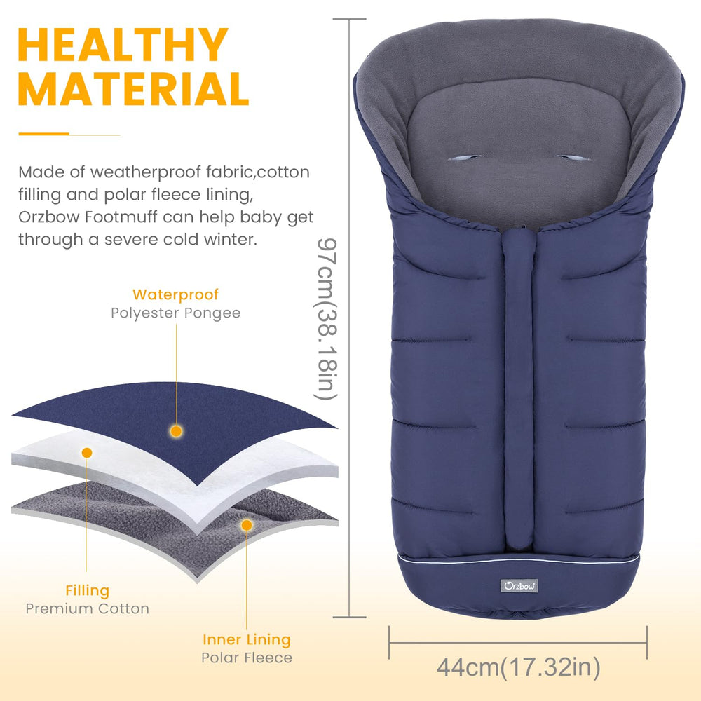 Orzbow footmuff blue pack-fold demonstrates easy folding with the footmuff in place.
