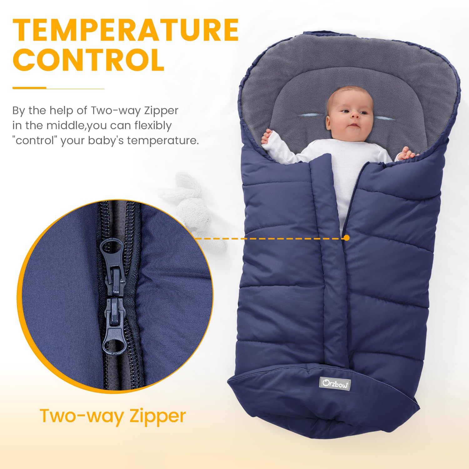 Orzbow footmuff blue zippers are fully covered to block wind and moisture.