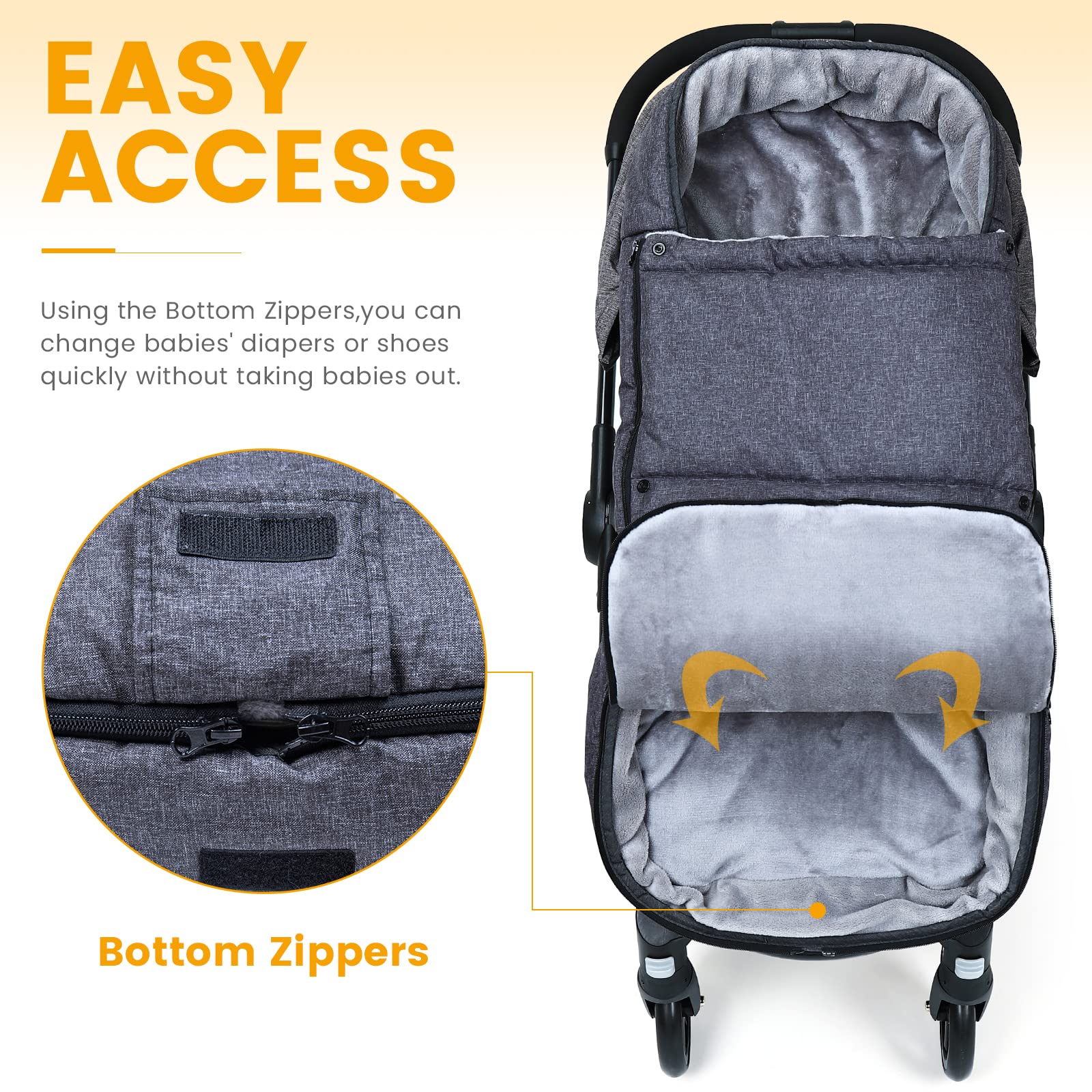 Orzbow Footmuff two-way zipper enables easy diaper changes during outings.