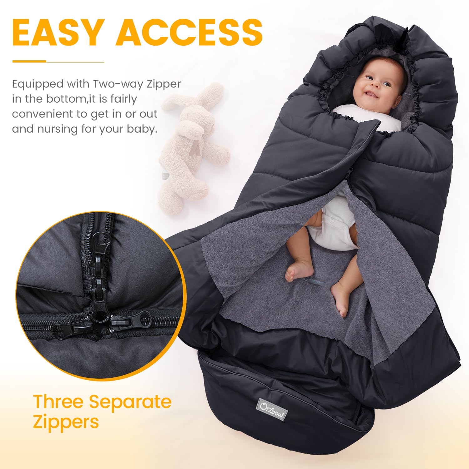 Orzbow footmuff zipper closure for quick temperature control