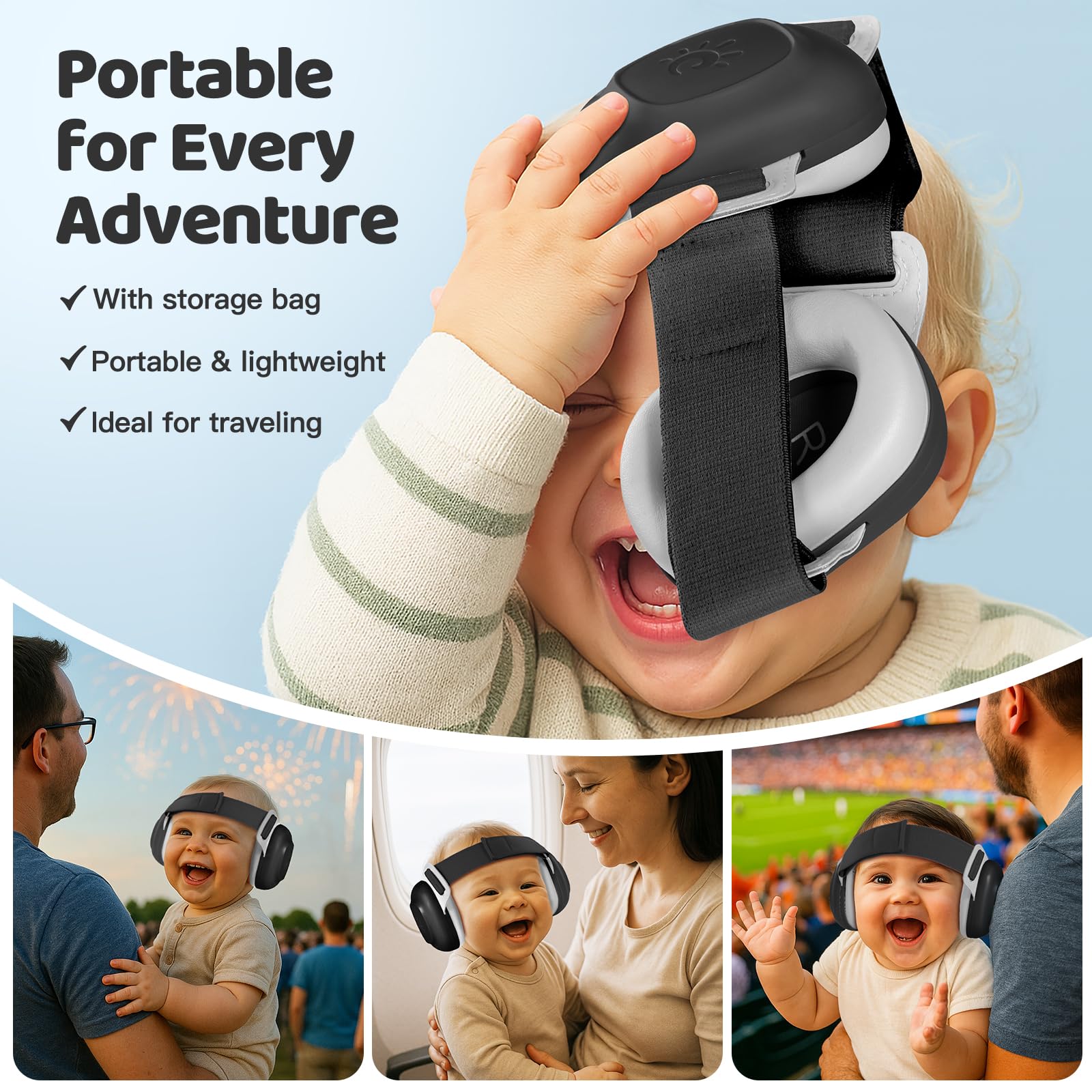Orzbow adjustable headband demonstrates 3-48 months growth fit.