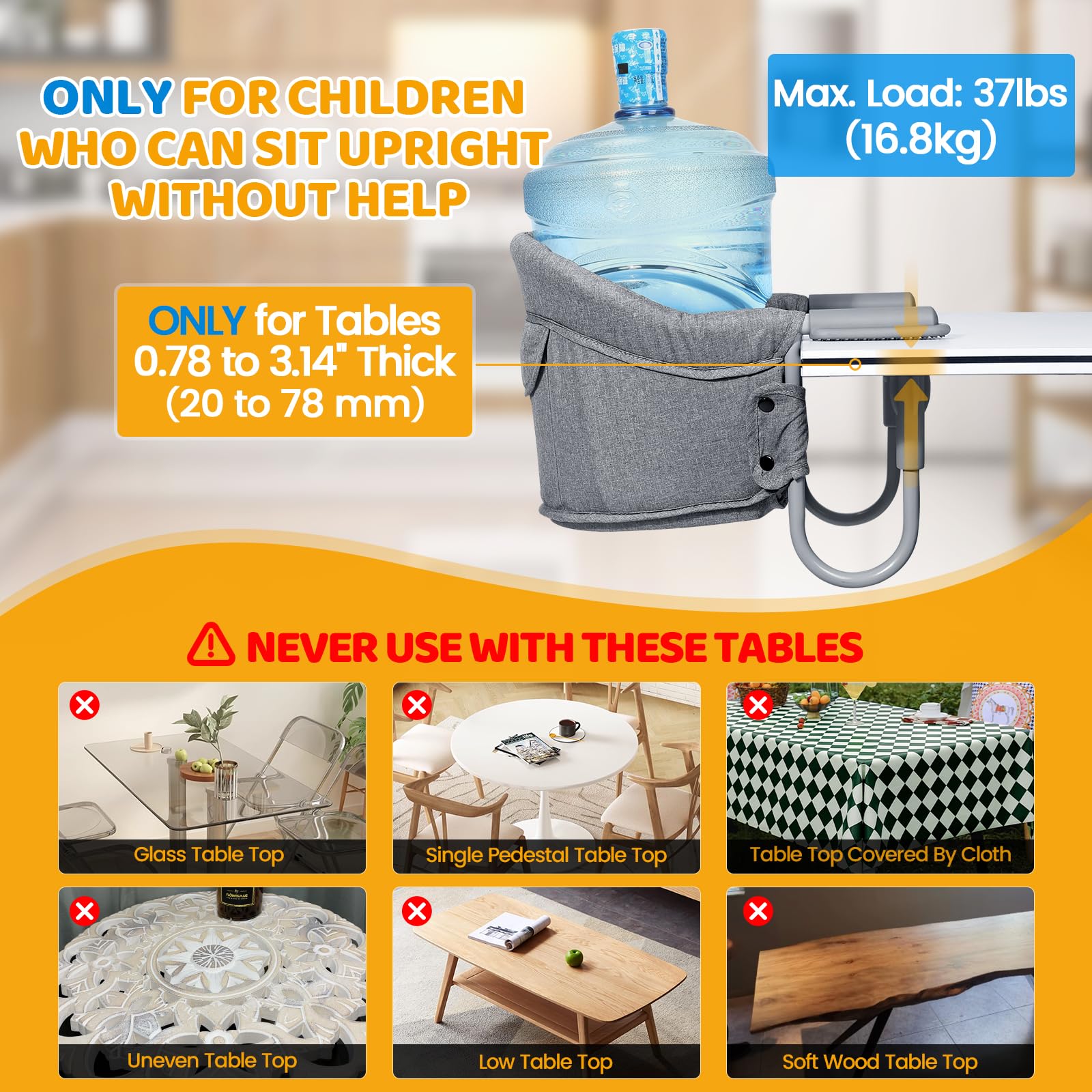 Orzbow Hook On High Chair clamps provide stable mounting on counters.