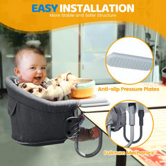Orzbow Hook On High Chair in use with secure 5-point belts for safer seating.
