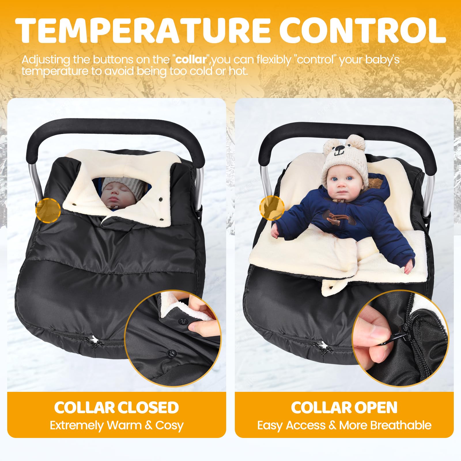 Orzbow infant car seat cover closeup collar shows adjustable warmth and hand freedom.