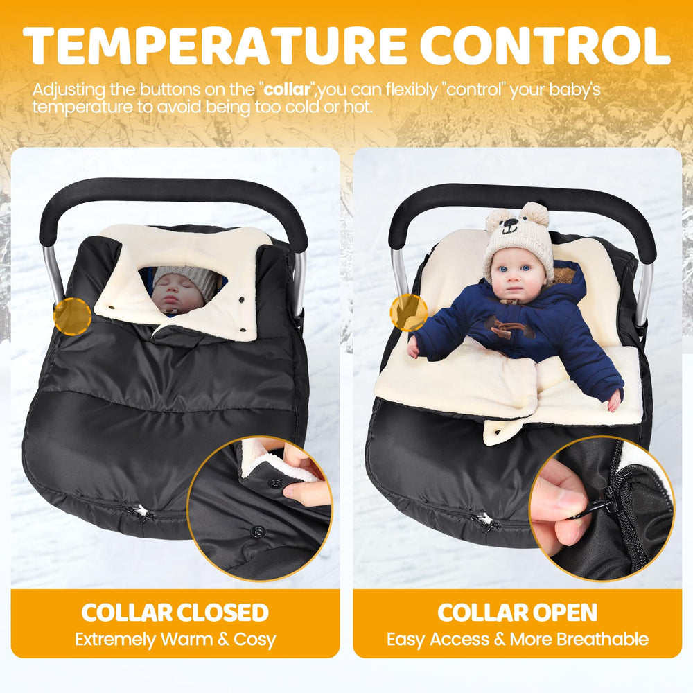 Orzbow infant car seat cover closeup collar shows adjustable warmth and hand freedom.