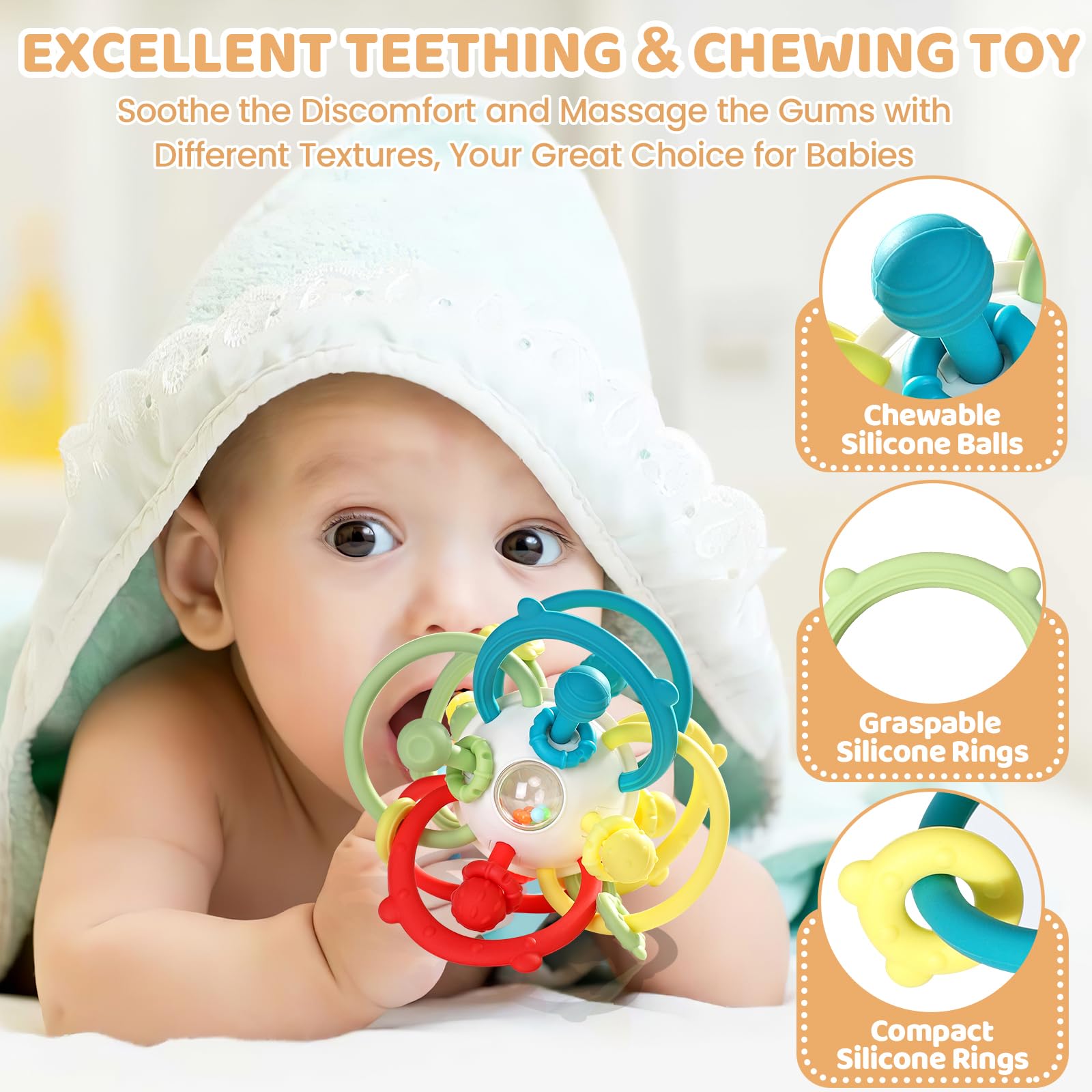 Orzbow montessori teether soft textures support tactile exploration and fine motor skills.