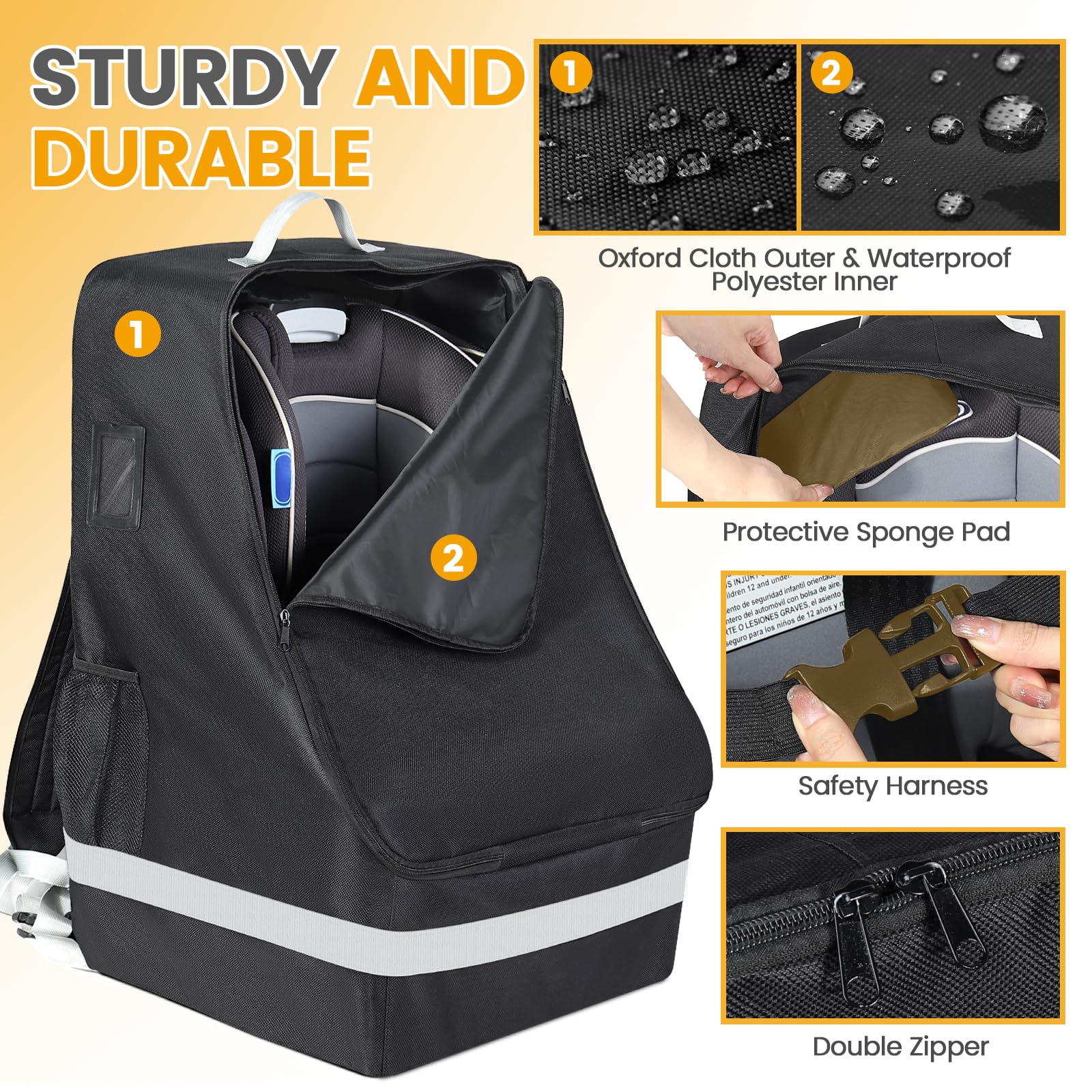 Orzbow padded car seat travel bag back view highlights backpack straps for easy transport.