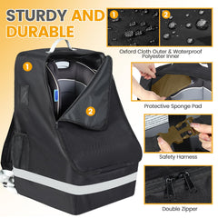Orzbow padded car seat travel bag back view highlights backpack straps for easy transport.