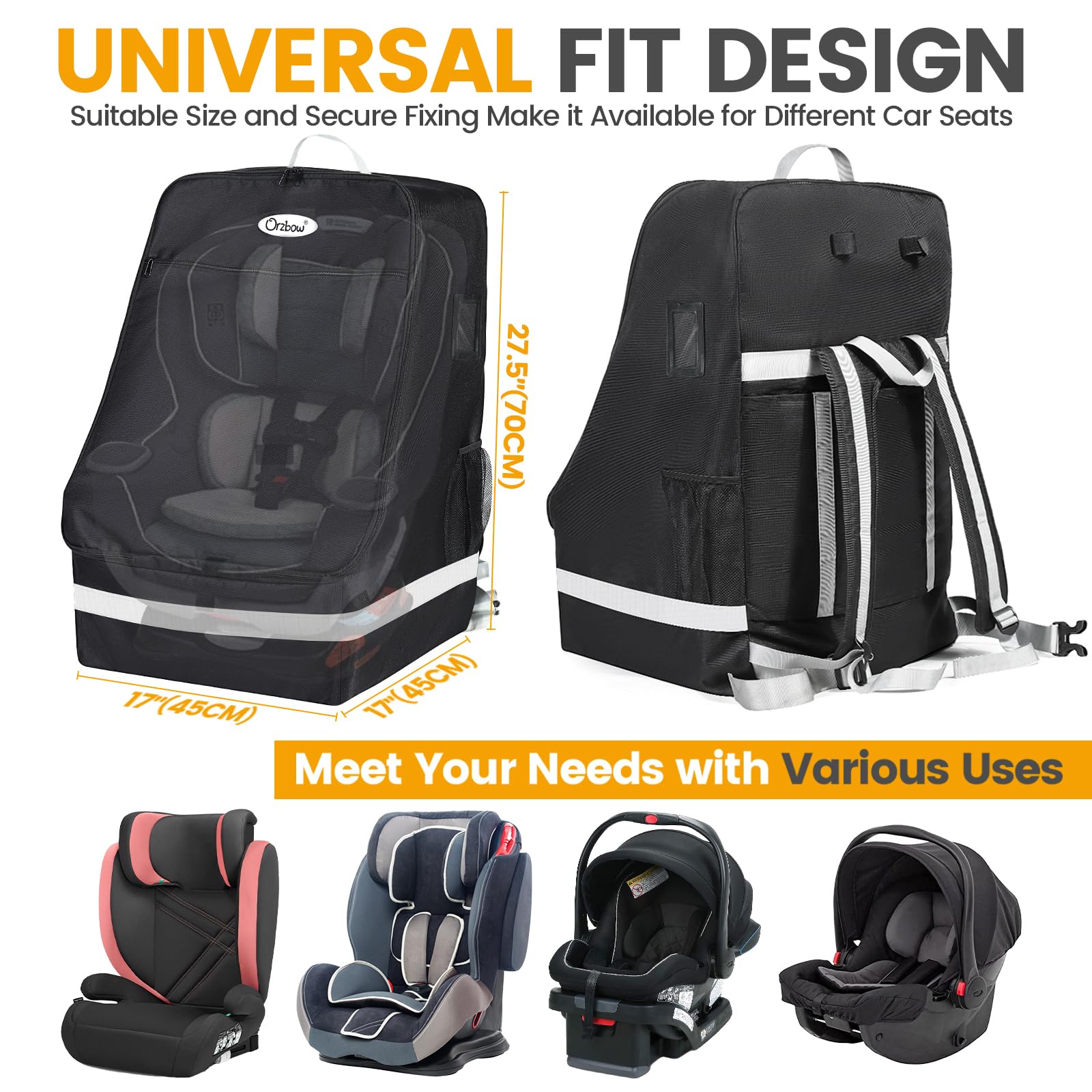 Orzbow padded car seat travel bag close-up of comfortable shoulder straps and adjustable waist strap.