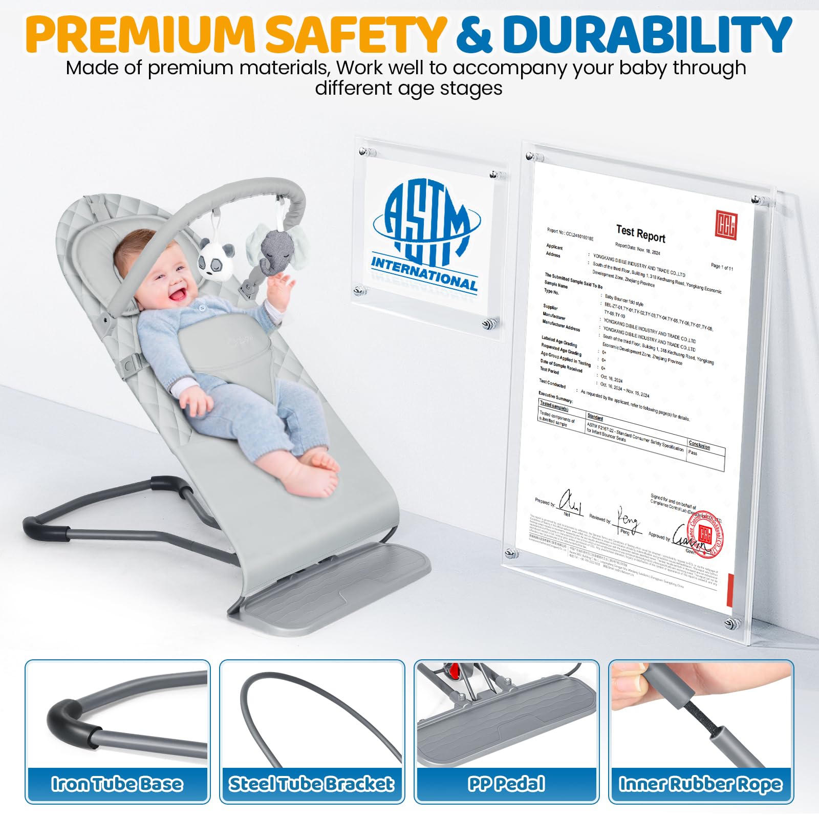 Orzbow portable bouncer with three recline positions for comfy play and rest.
