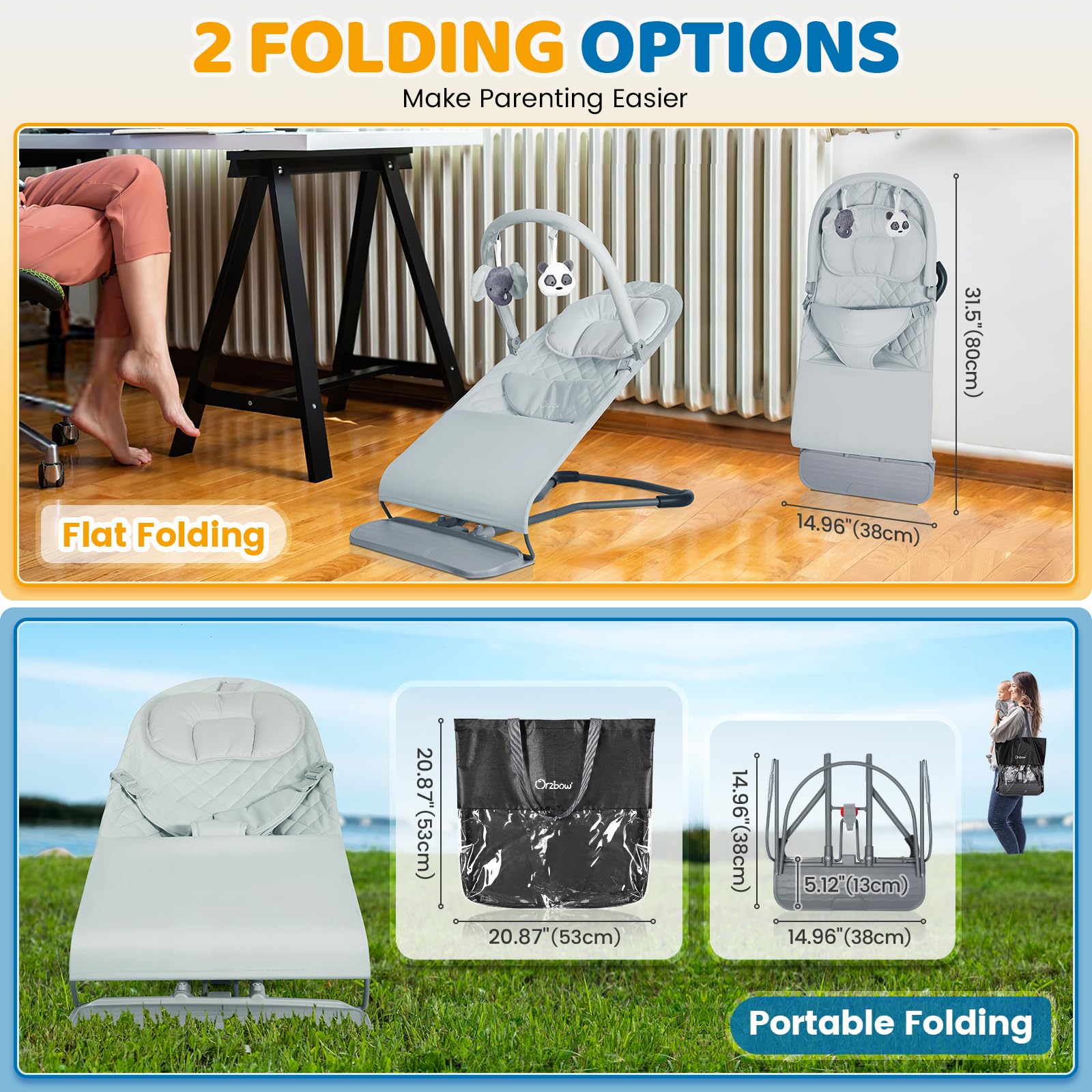 Orzbow portable bouncer ergonomic design supports head and back comfort.