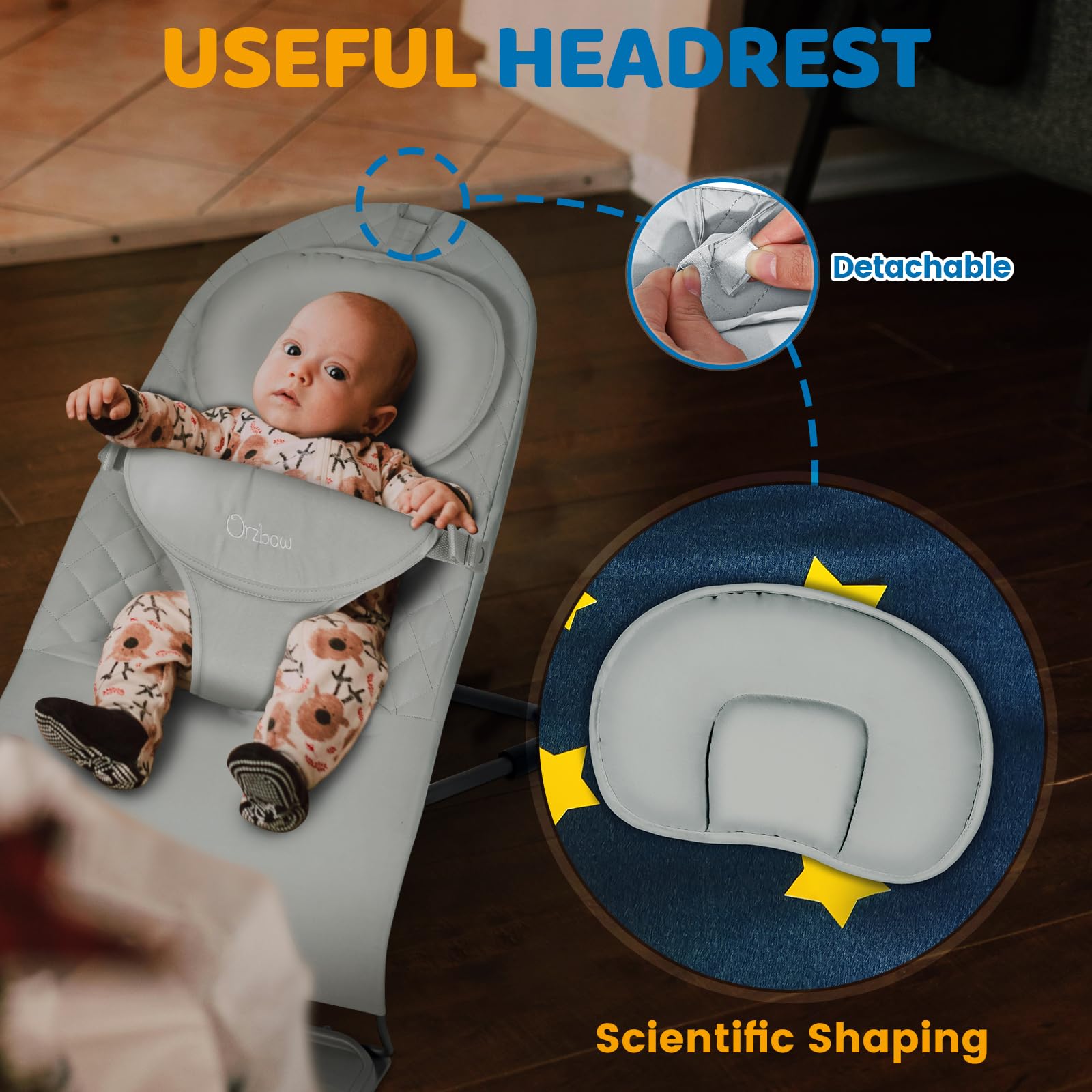 Orzbow portable bouncer gray finish with built-in toys for sensory play.