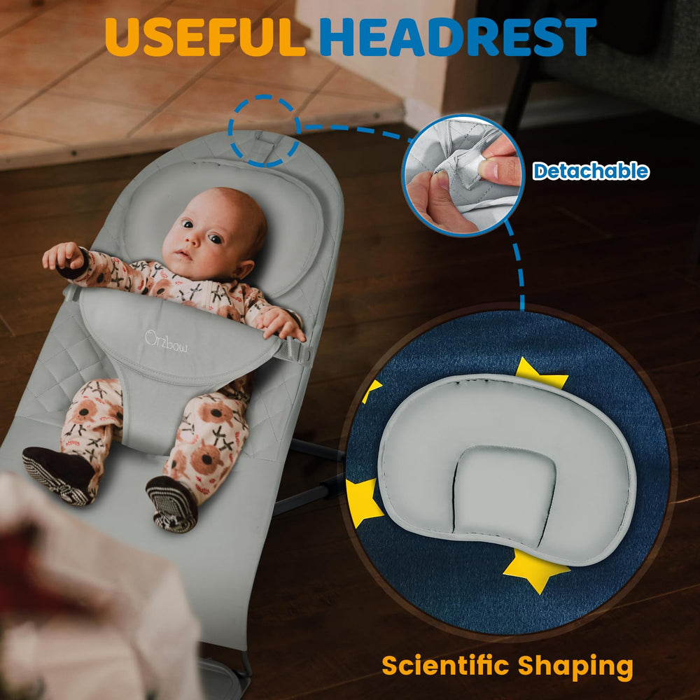 Orzbow portable bouncer gray finish with built-in toys for sensory play.