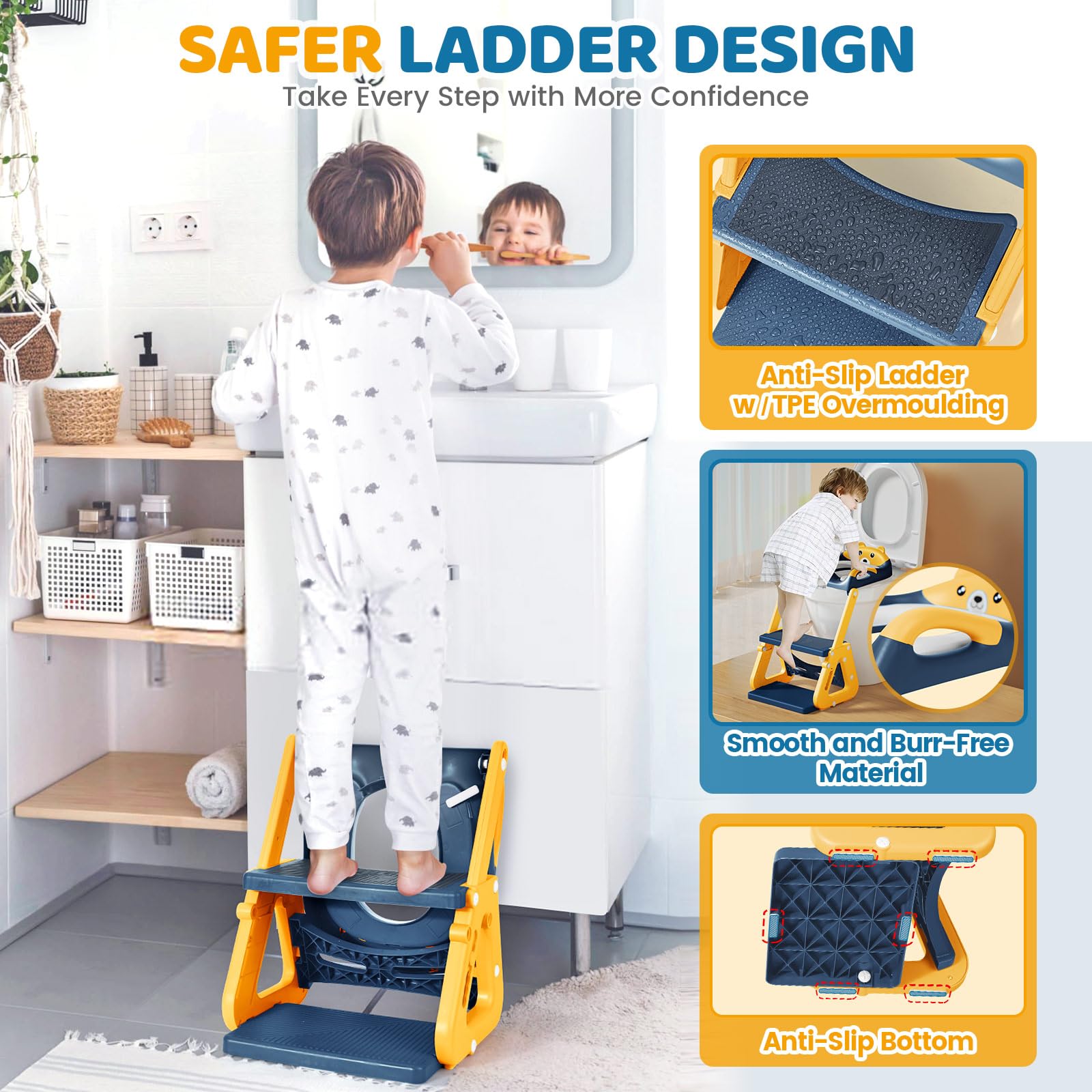Orzbow potty seat 2-in-1 stool supports independent handwashing after use.