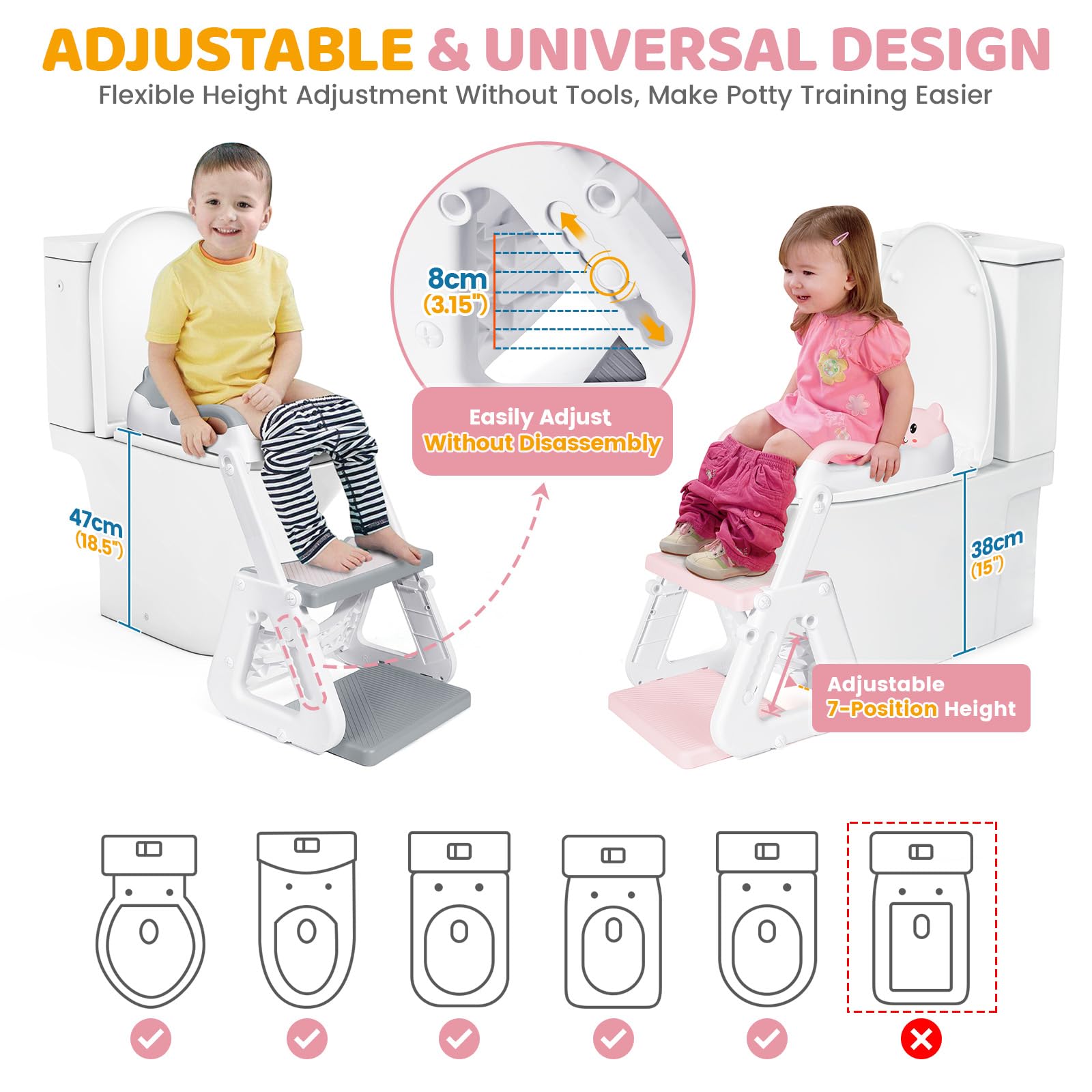 Orzbow potty training seat height adjustment notch system for quick tool-free changes.
