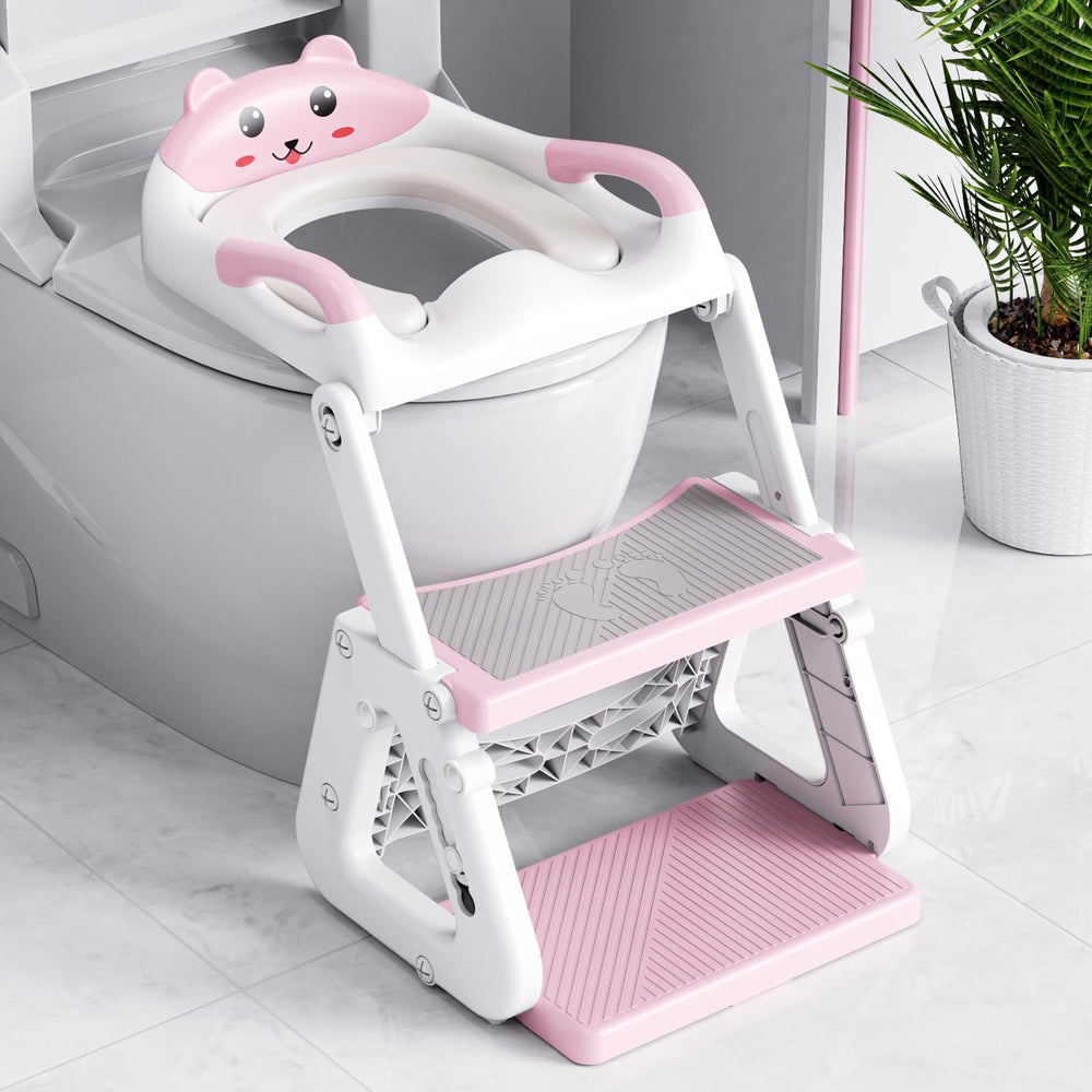 Orzbow potty training seat pink front view shows stable triangular frame for safer toilet training.