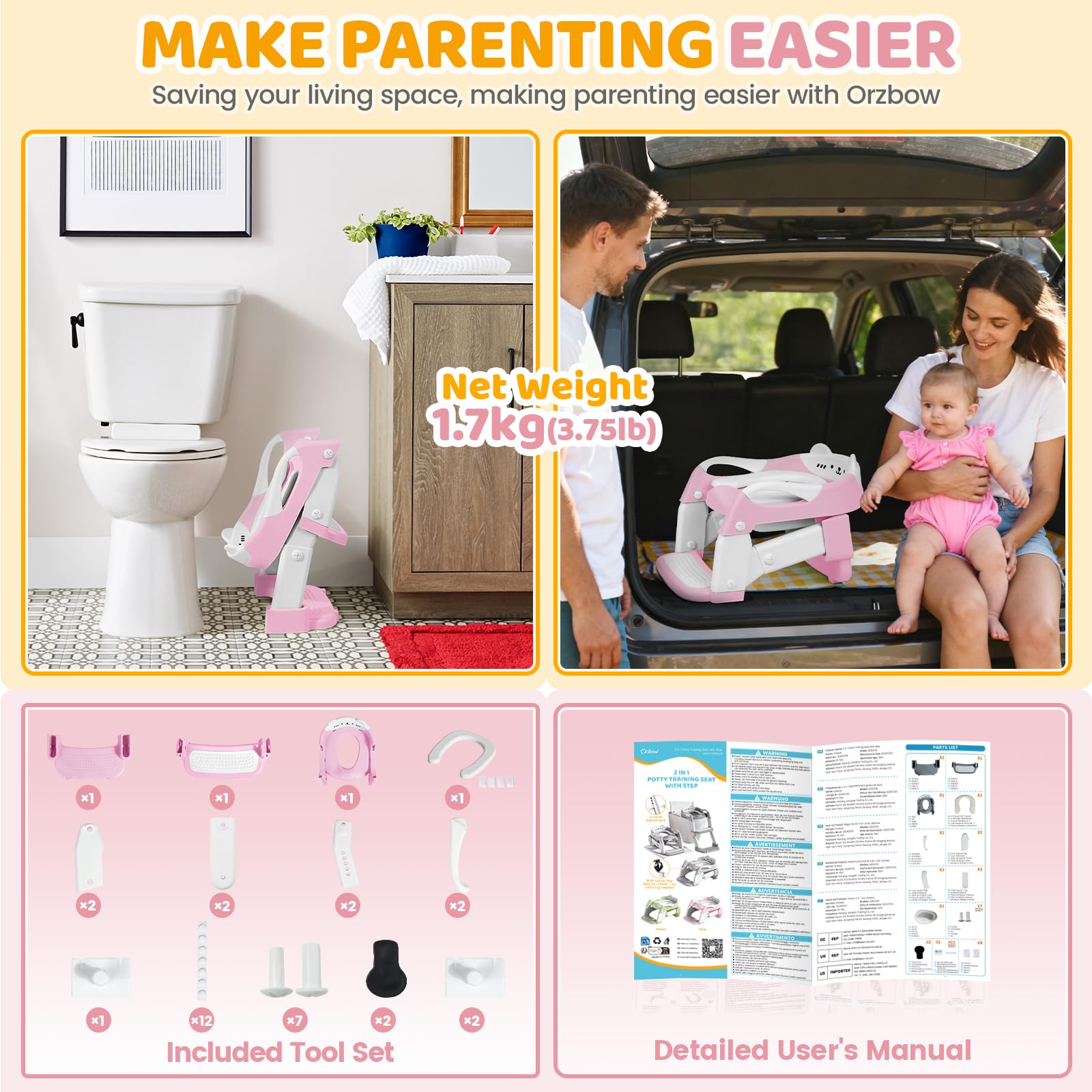 Orzbow Potty Training Seat pink height-adjustment fits most toilets