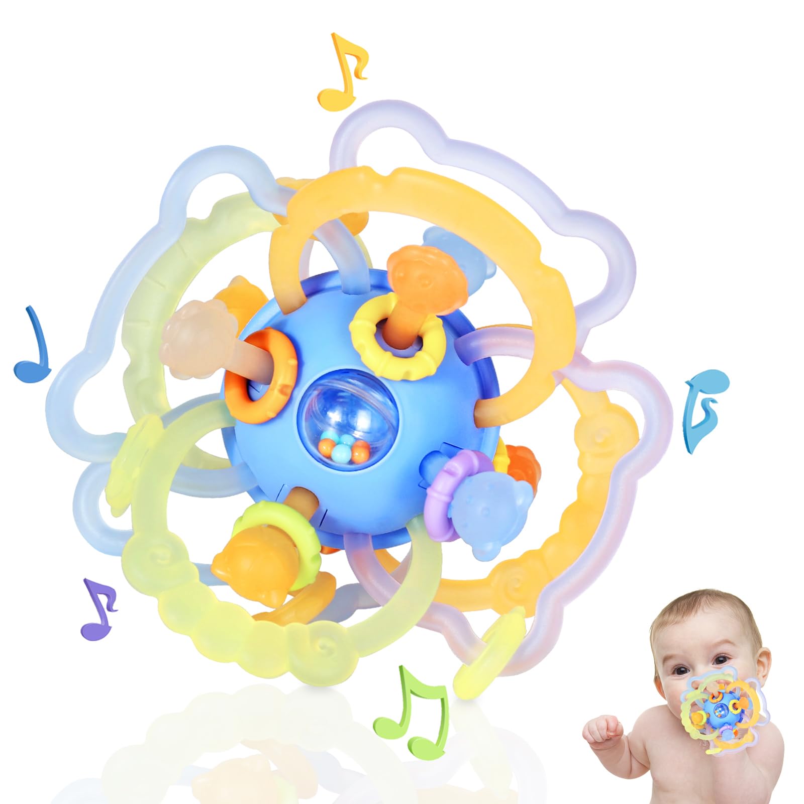 Orzbow sensory teething toy with 8 textured rings promotes exploration and fine motor development.