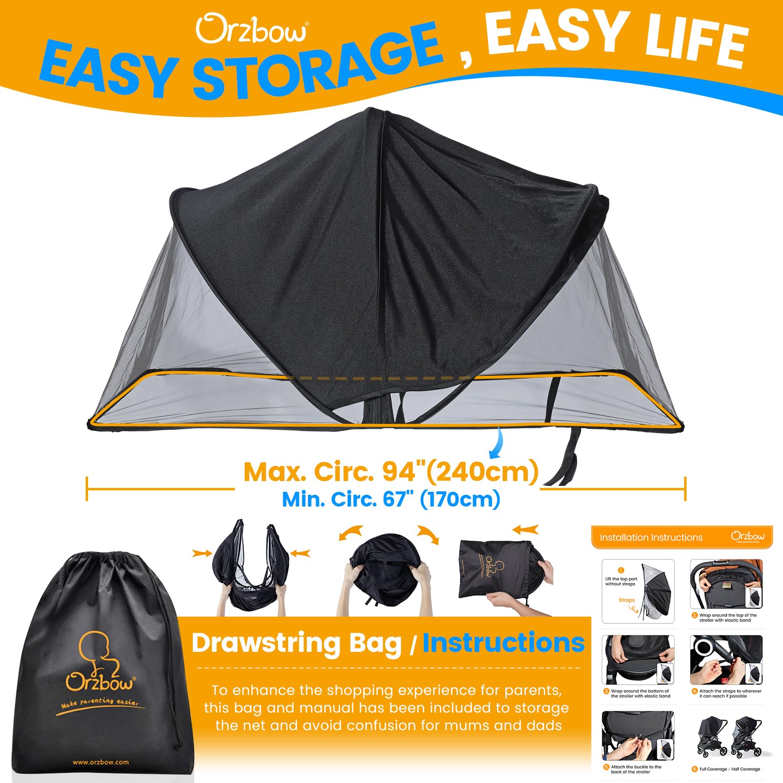 Orzbow storage bag keeps the net neatly tucked in a diaper bag.